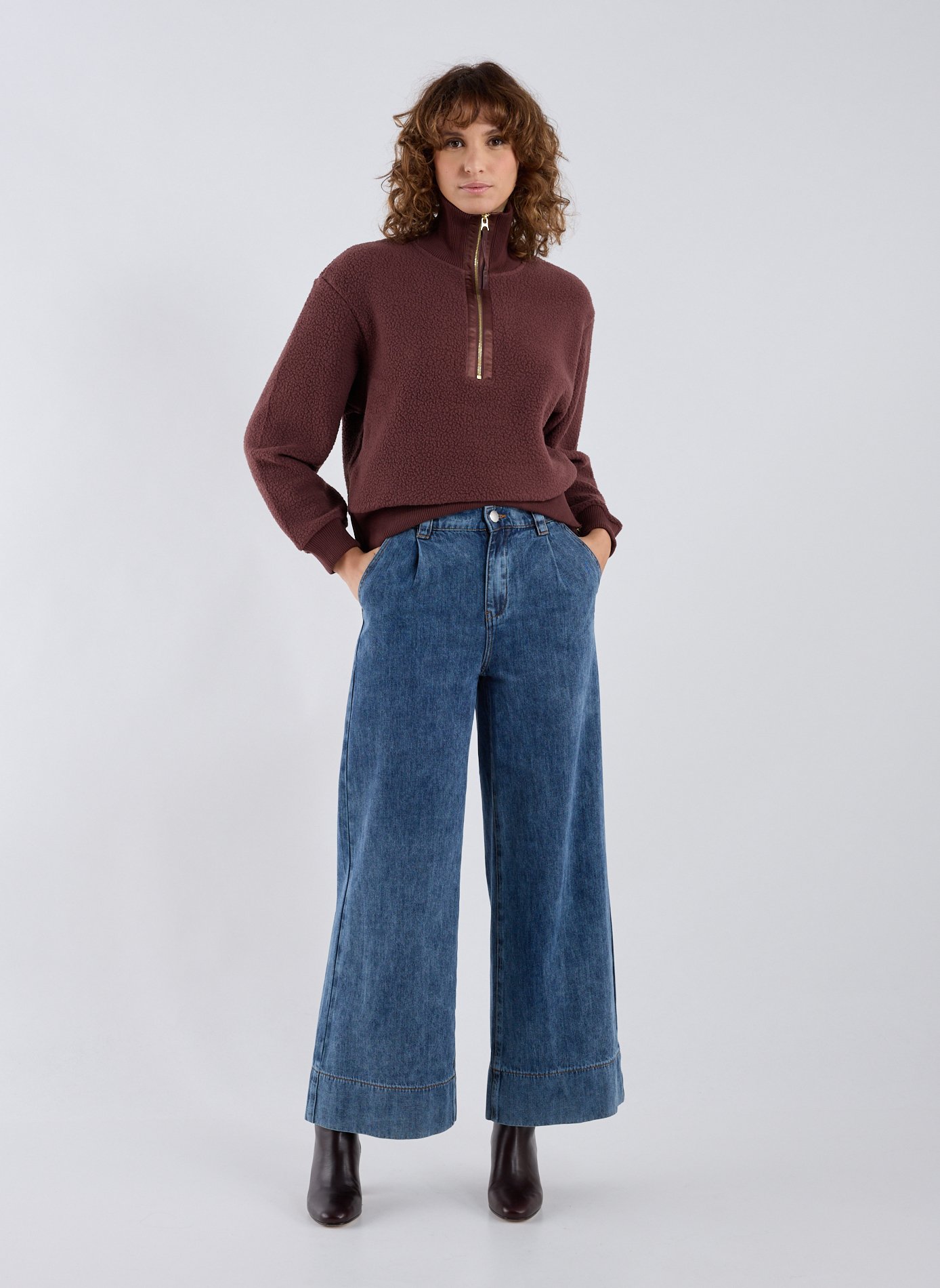 Pull shearling col zippé VARLEY Marron