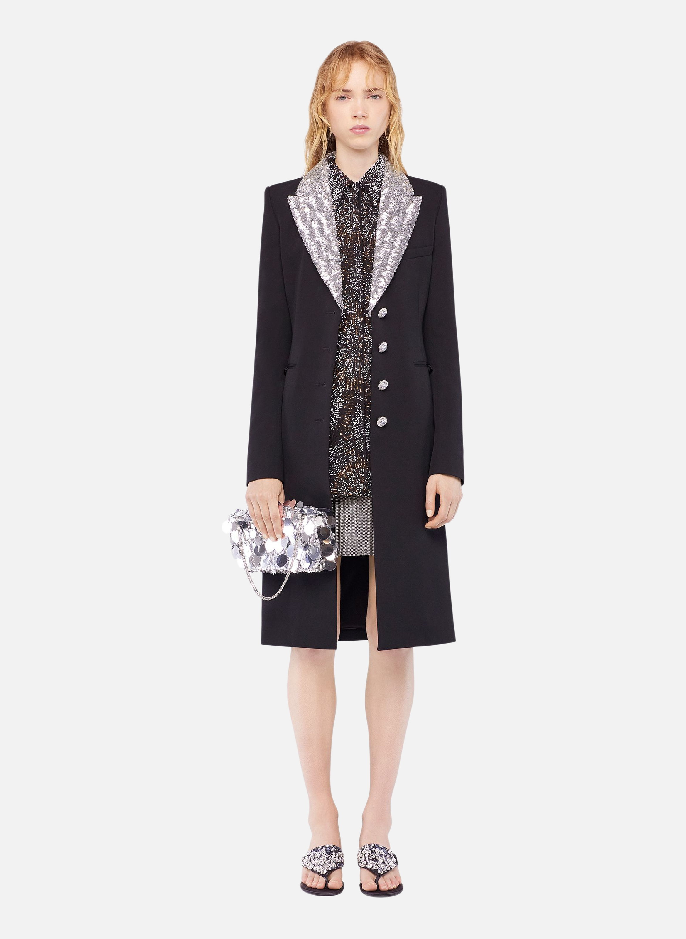 Manteau en laine avec col à sequins RABANNE Noir