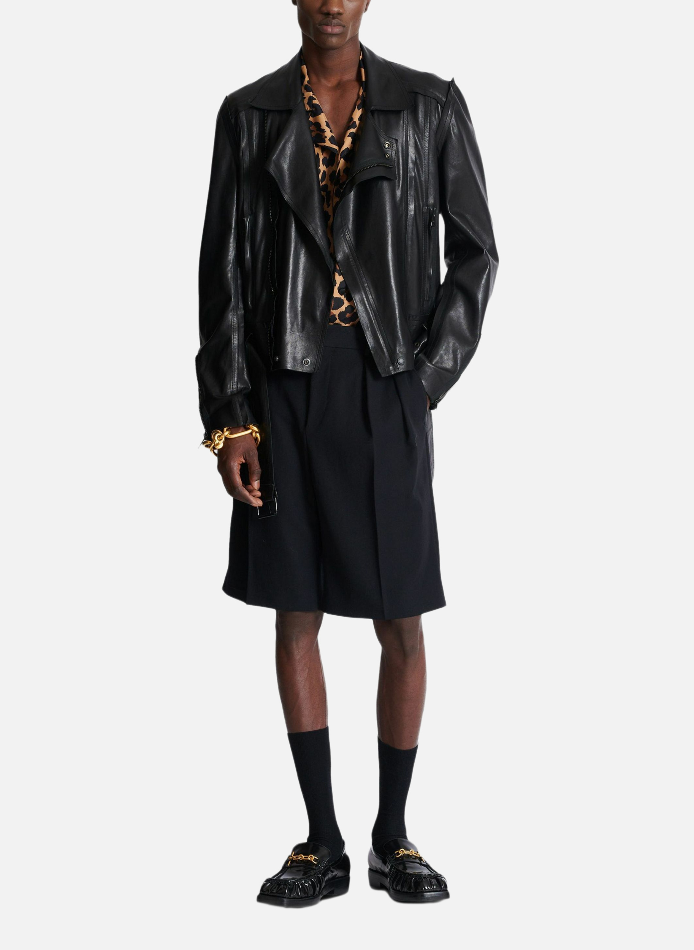 Veste biker légère en cuir d'agneau Noir