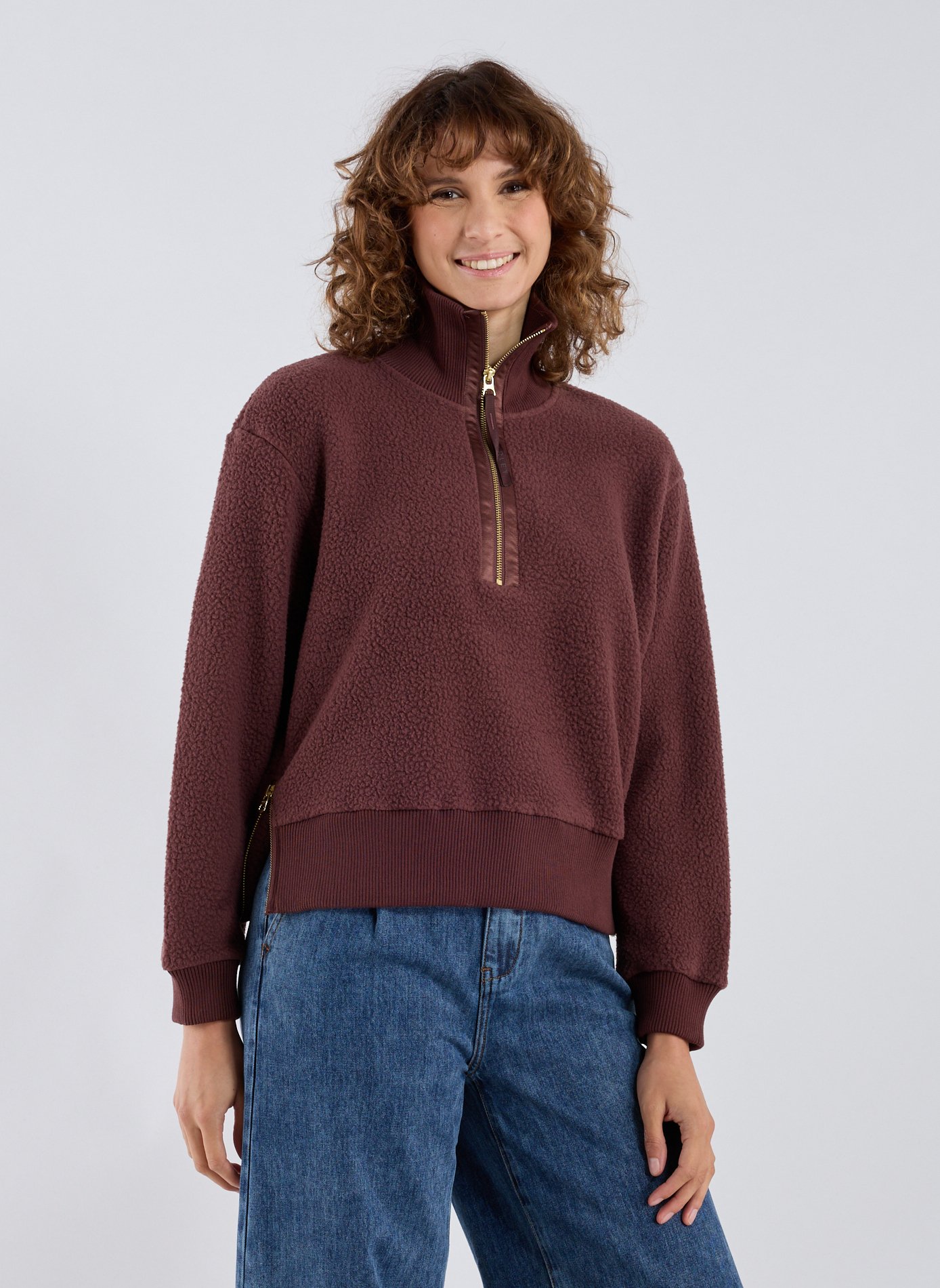 VARLEY Shearling zip-up turtleneck sweater Brown
