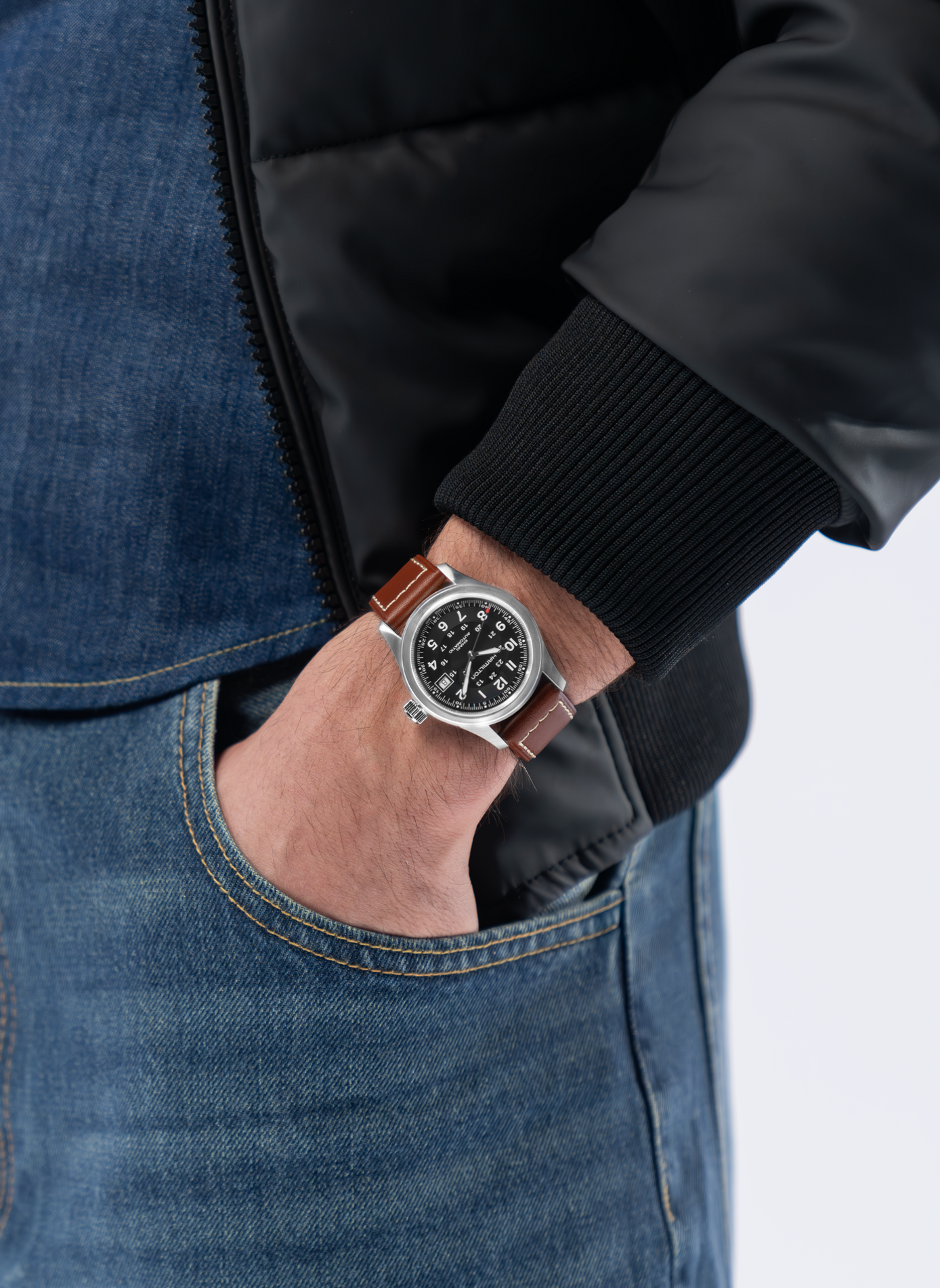 Montre automatique en cuir et acier inoxydable HAMILTON Noir