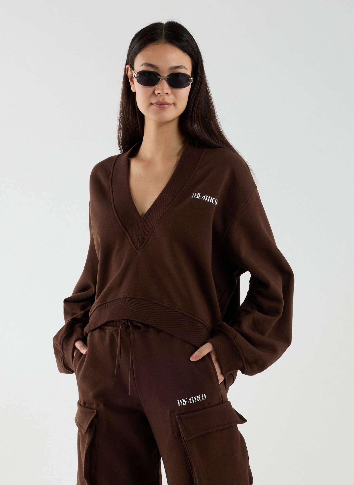 Oversized V-neck cotton sweatshirt THE ATTICO Brown