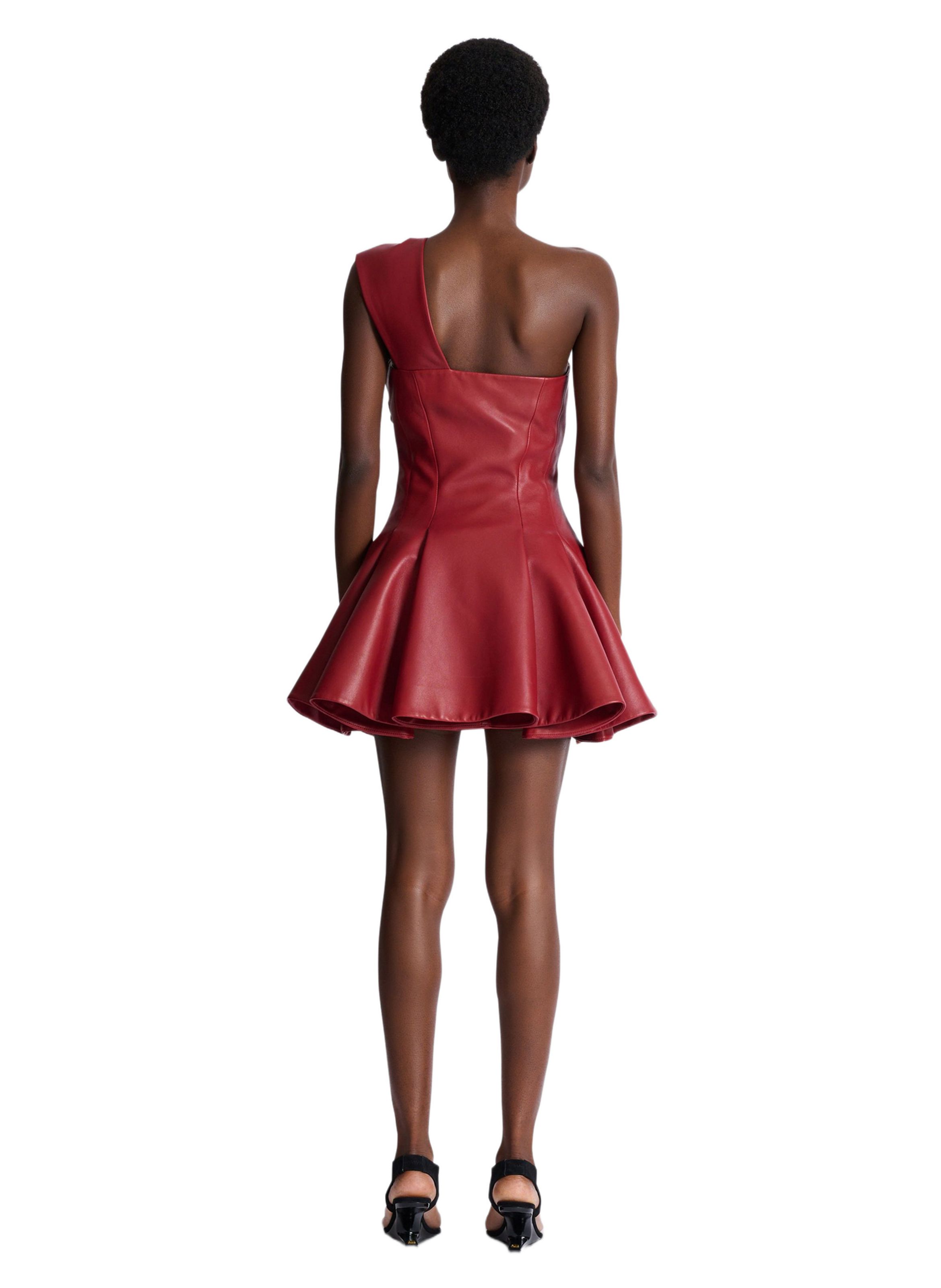 Robe asymétrique en cuir lisse BALMAIN Rouge