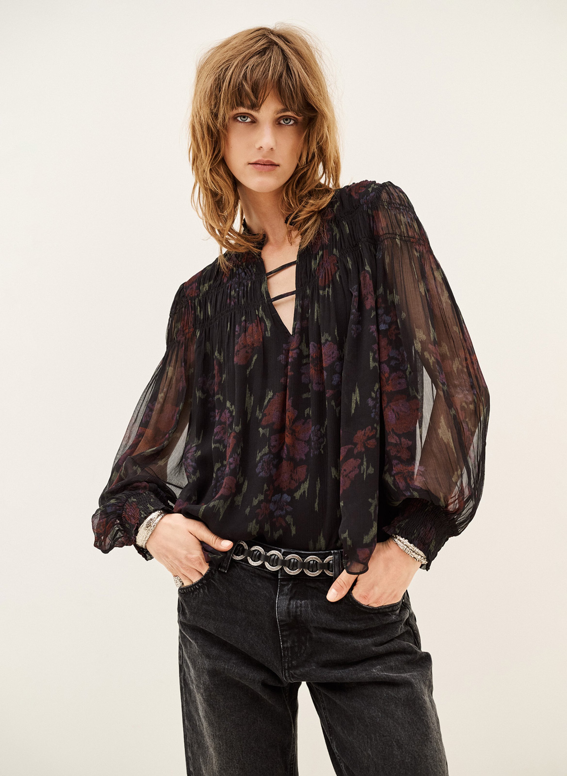 Top ample col v imprimé douce BA&SH Noir