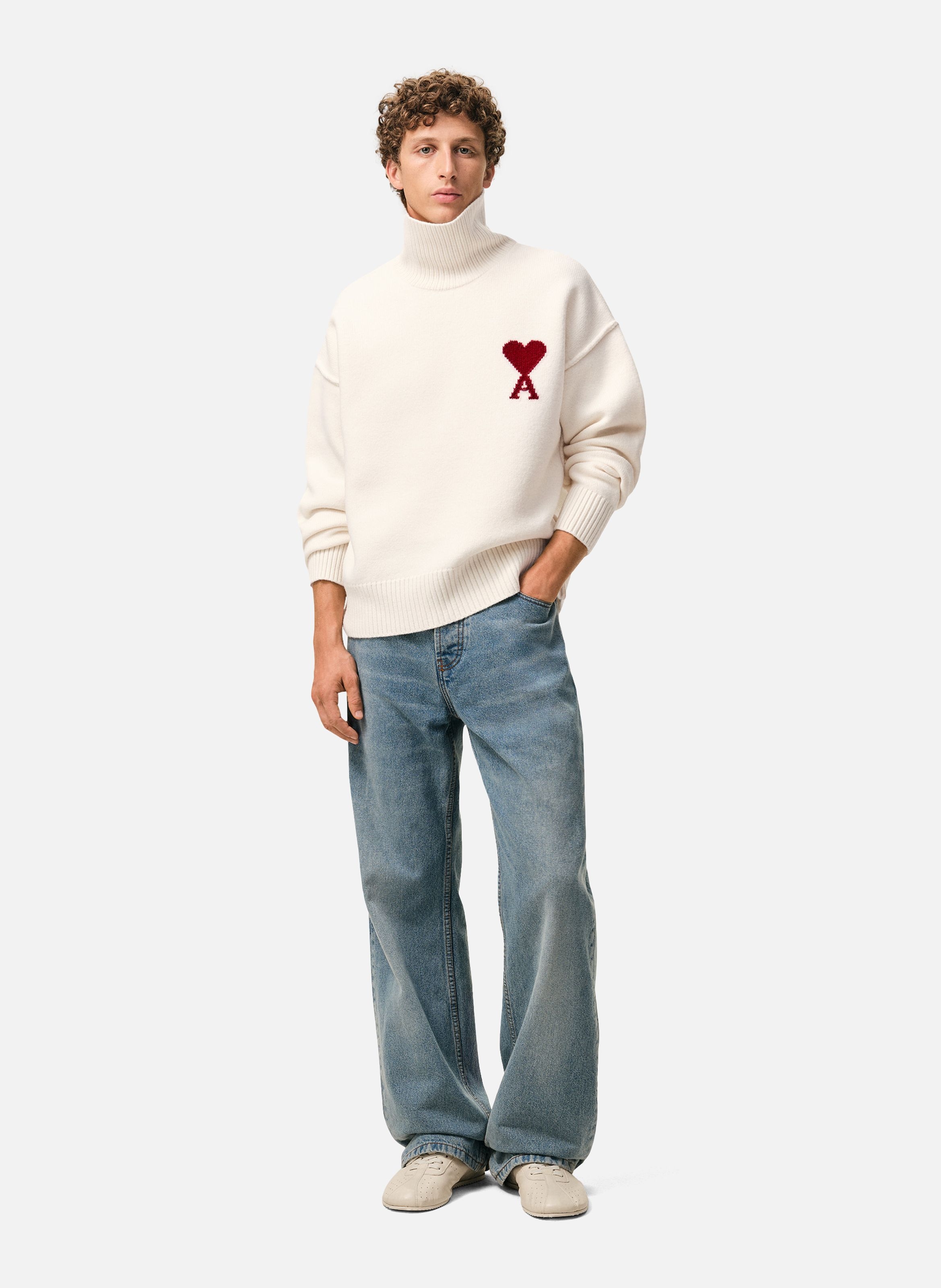 Pull Col Cheminée Ami De Coeur En Laine unisexe AMI PARIS Blanc