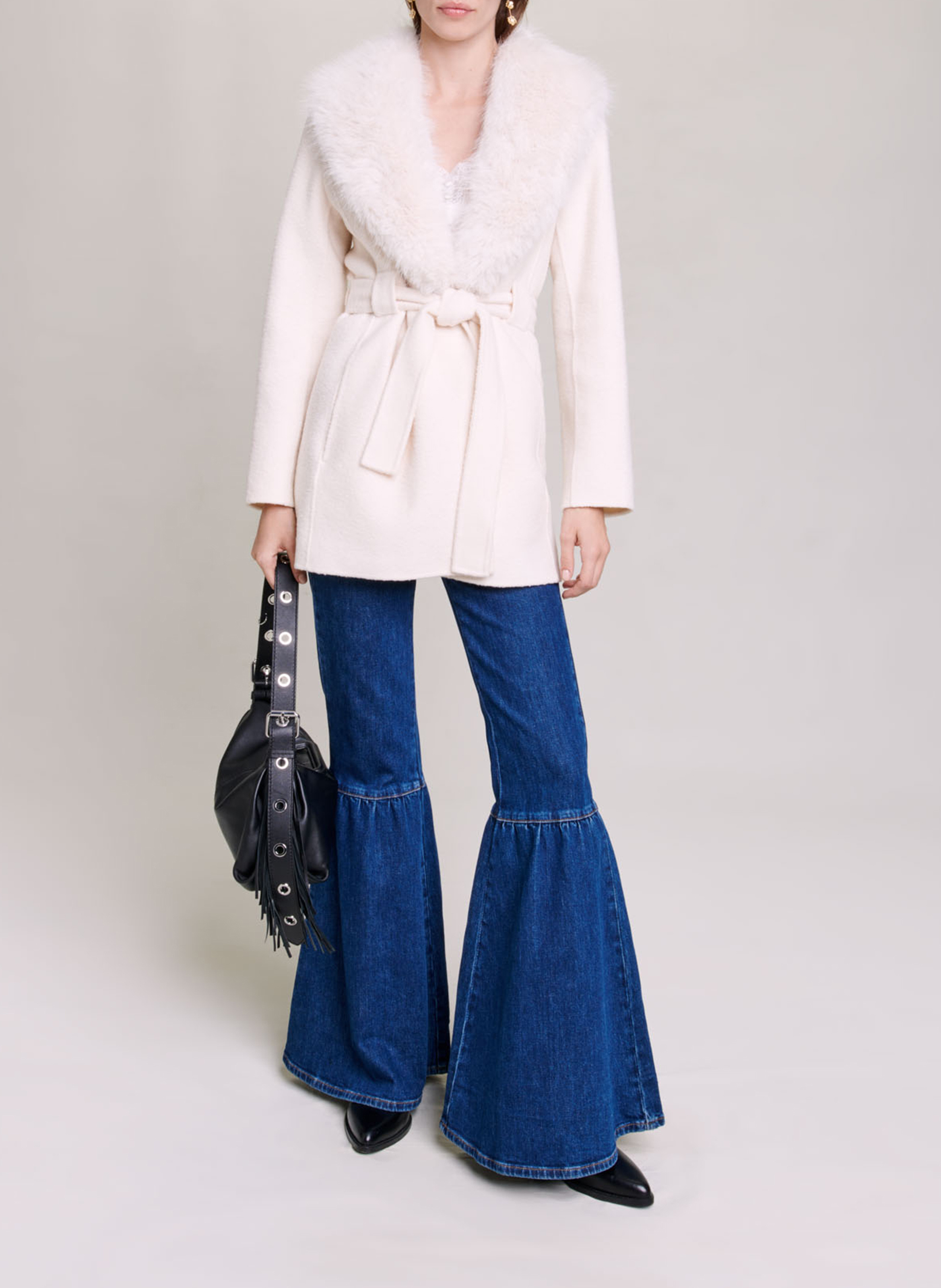 Manteau cintré col châle en laine mélangée MAJE Beige