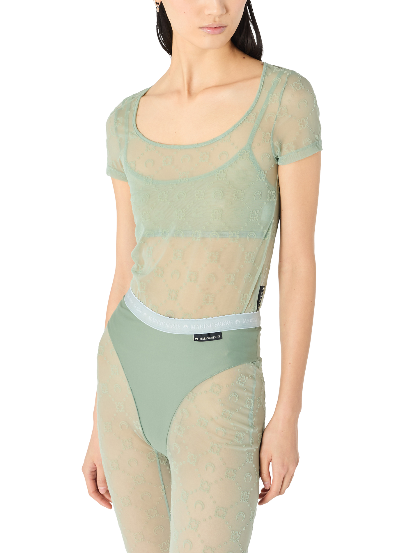Top col ouvert en mesh floqué recyclé MARINE SERRE Vert