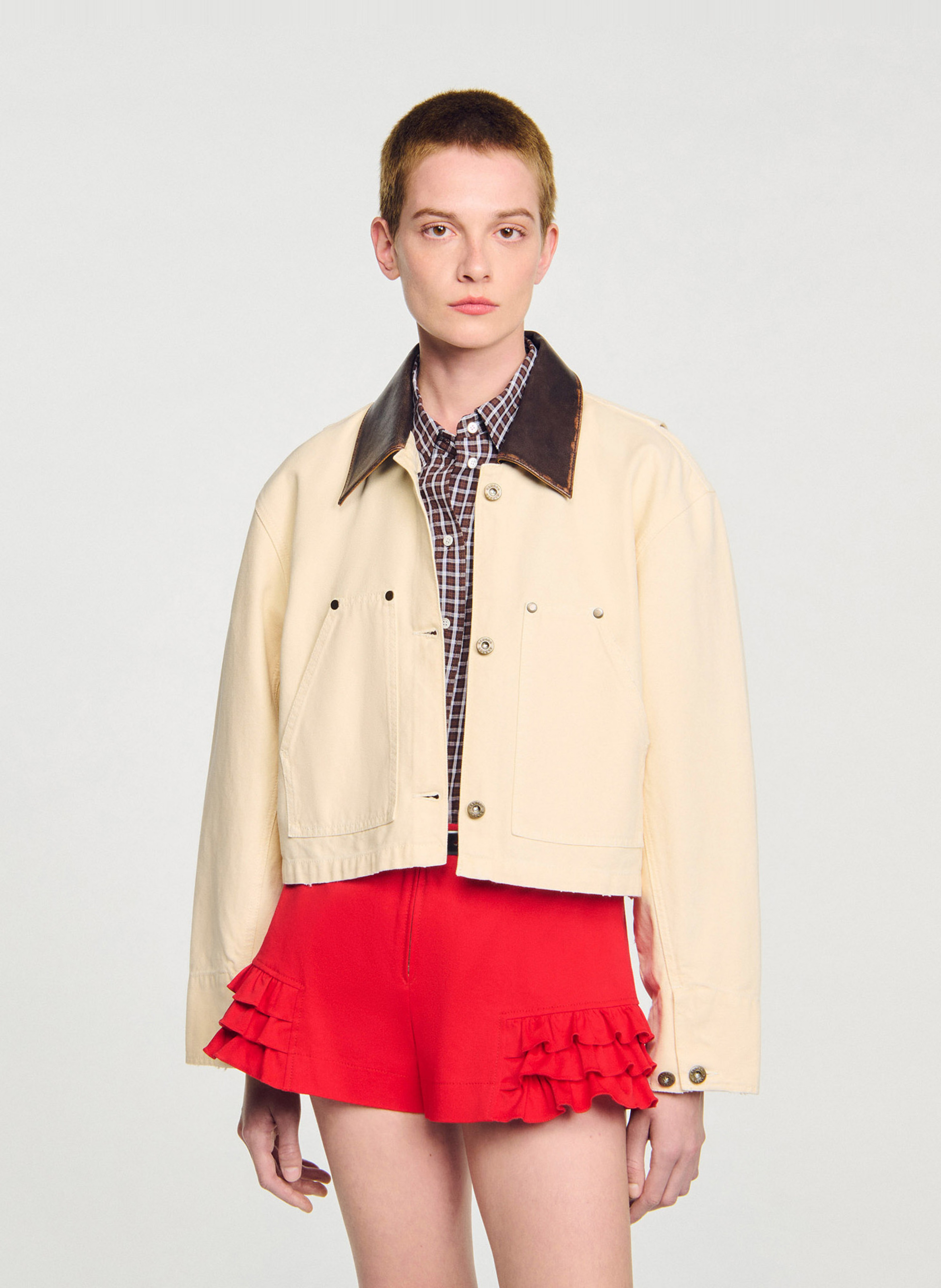 Blouson col classique en cuir SANDRO Beige