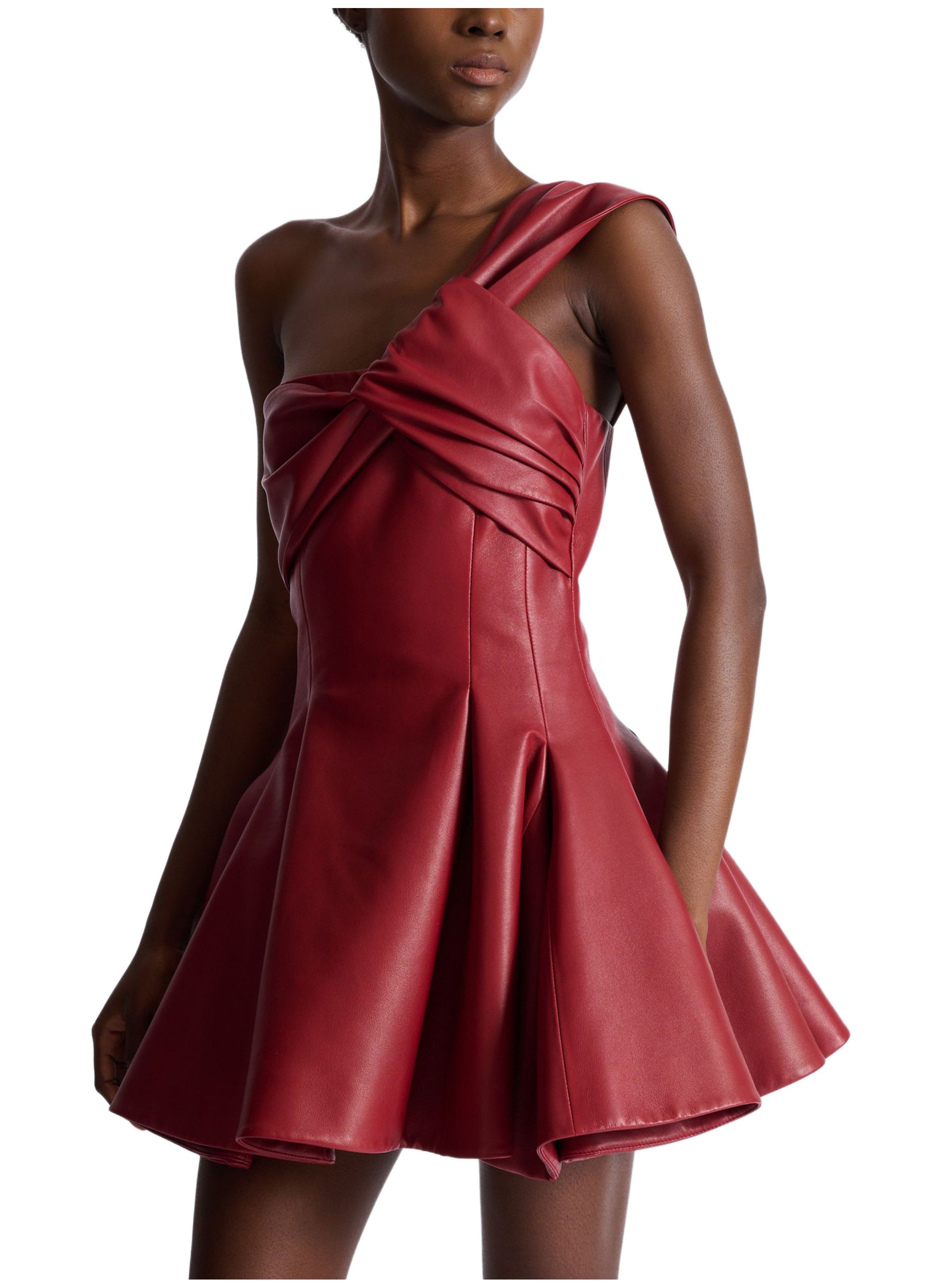 Robe asymétrique en cuir lisse BALMAIN Rouge