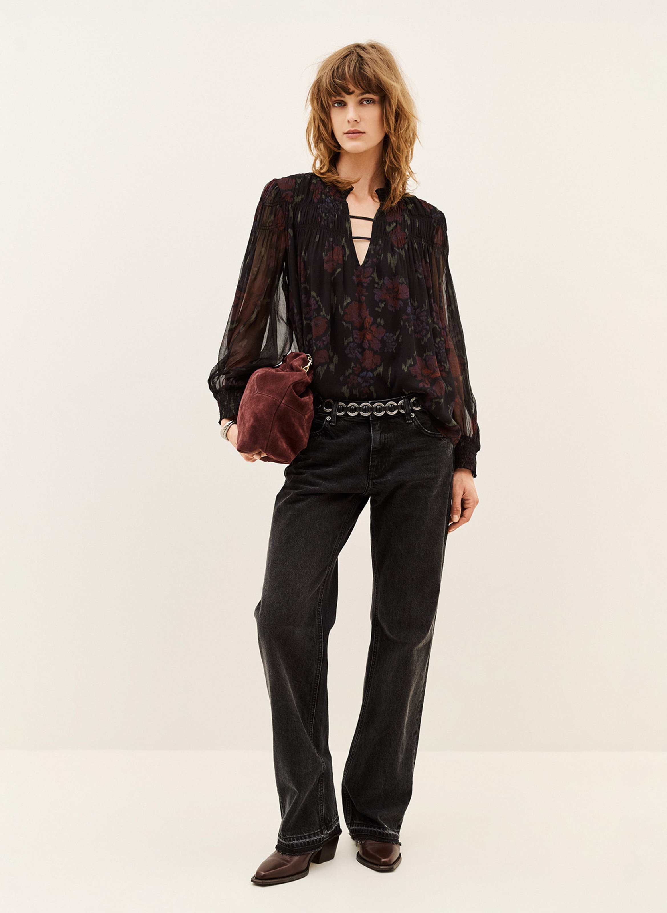 Top ample col v imprimé douce BA&SH Noir