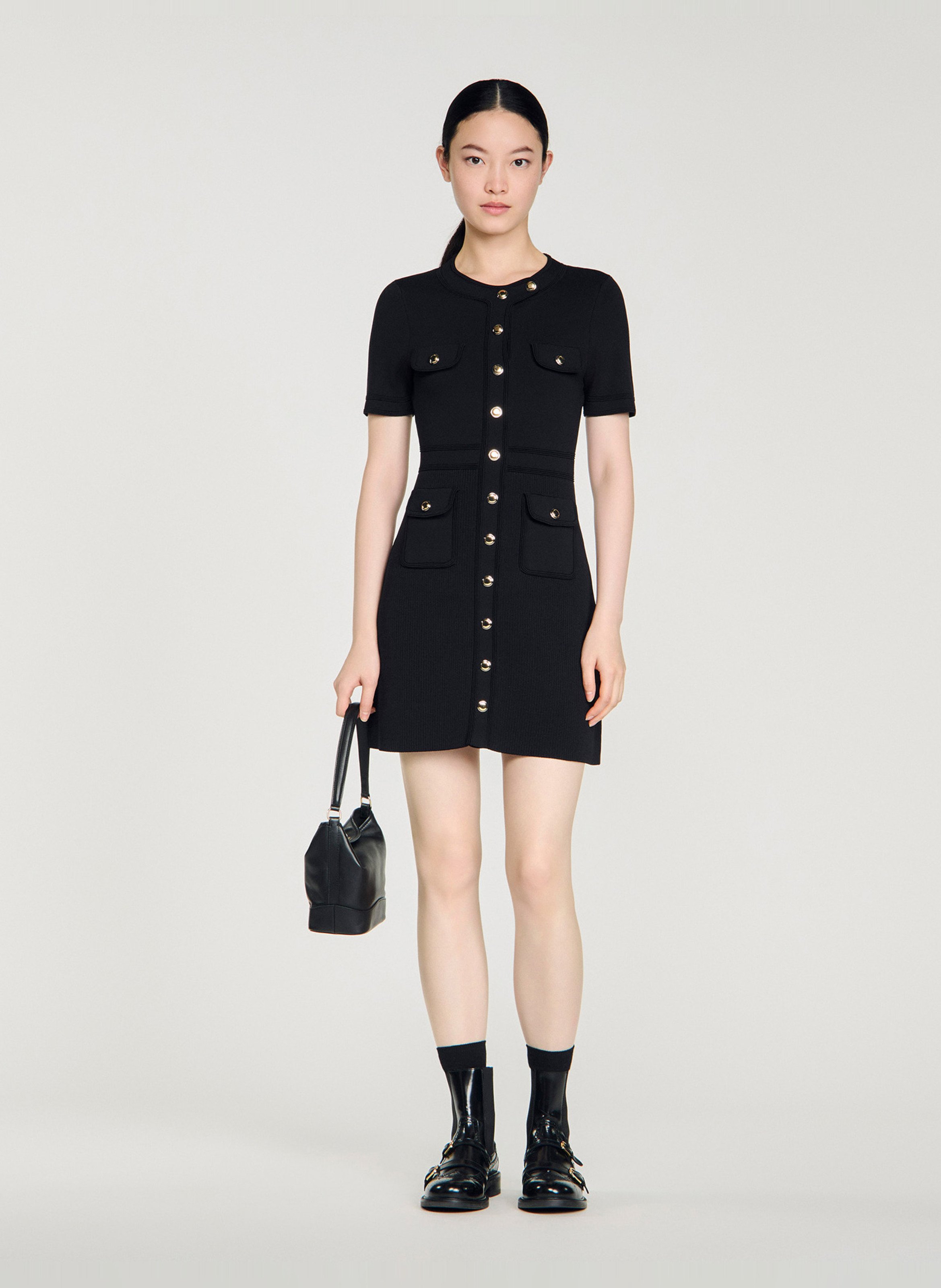 Robe courte col rond en maille SANDRO Noir