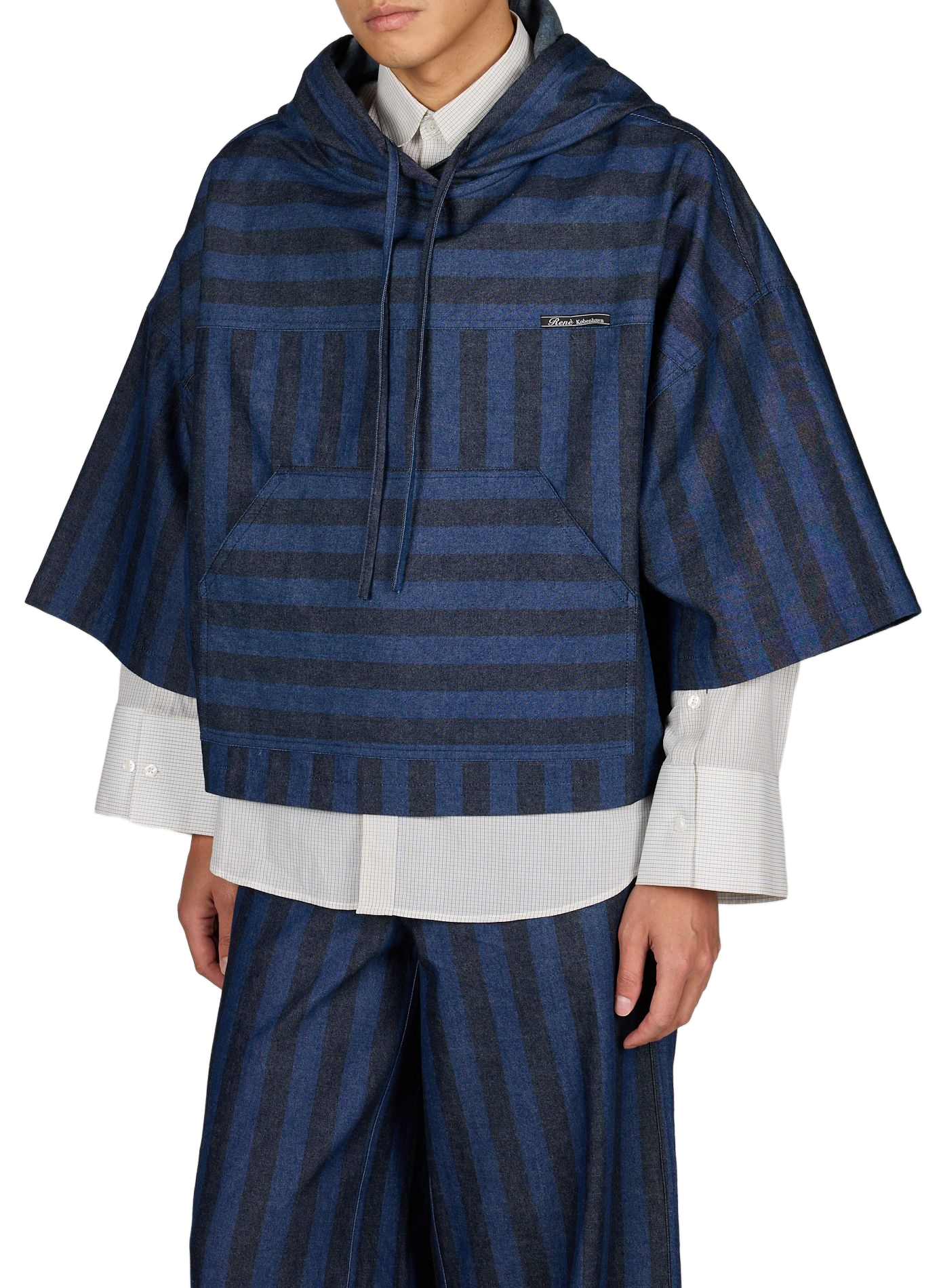 Hoodie rayé à manches courtes tombantes en coton RENÈ Bleu
