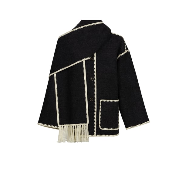 Totême Womens Dark Grey Melange Scarf-overlay Contrast-trim Relaxed-fit Wool-blend Jacket