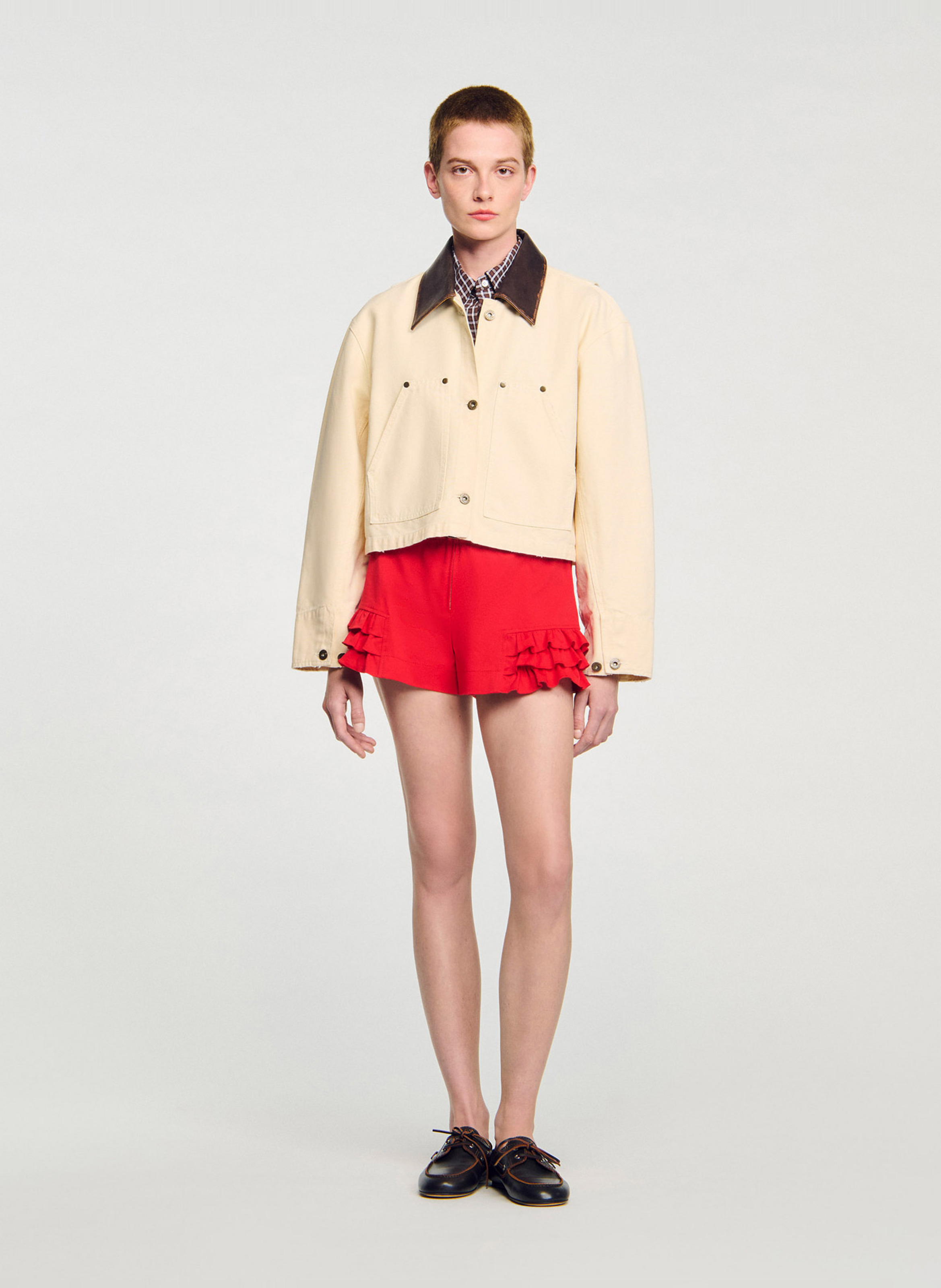 Blouson col classique en cuir SANDRO Beige