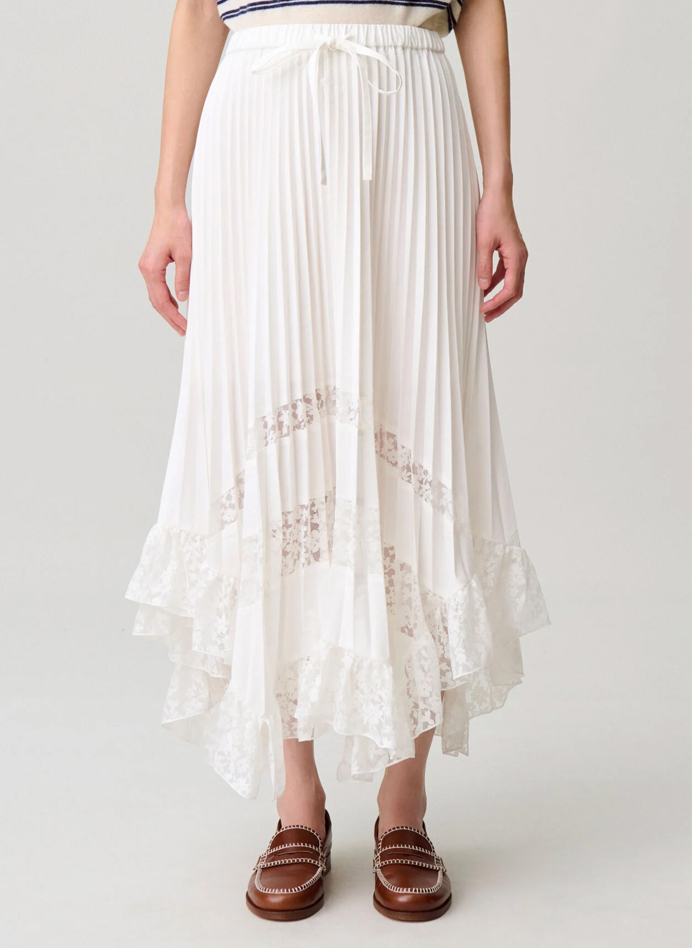 Jupe longue plissée à dentelle CLAUDIE PIERLOT Beige