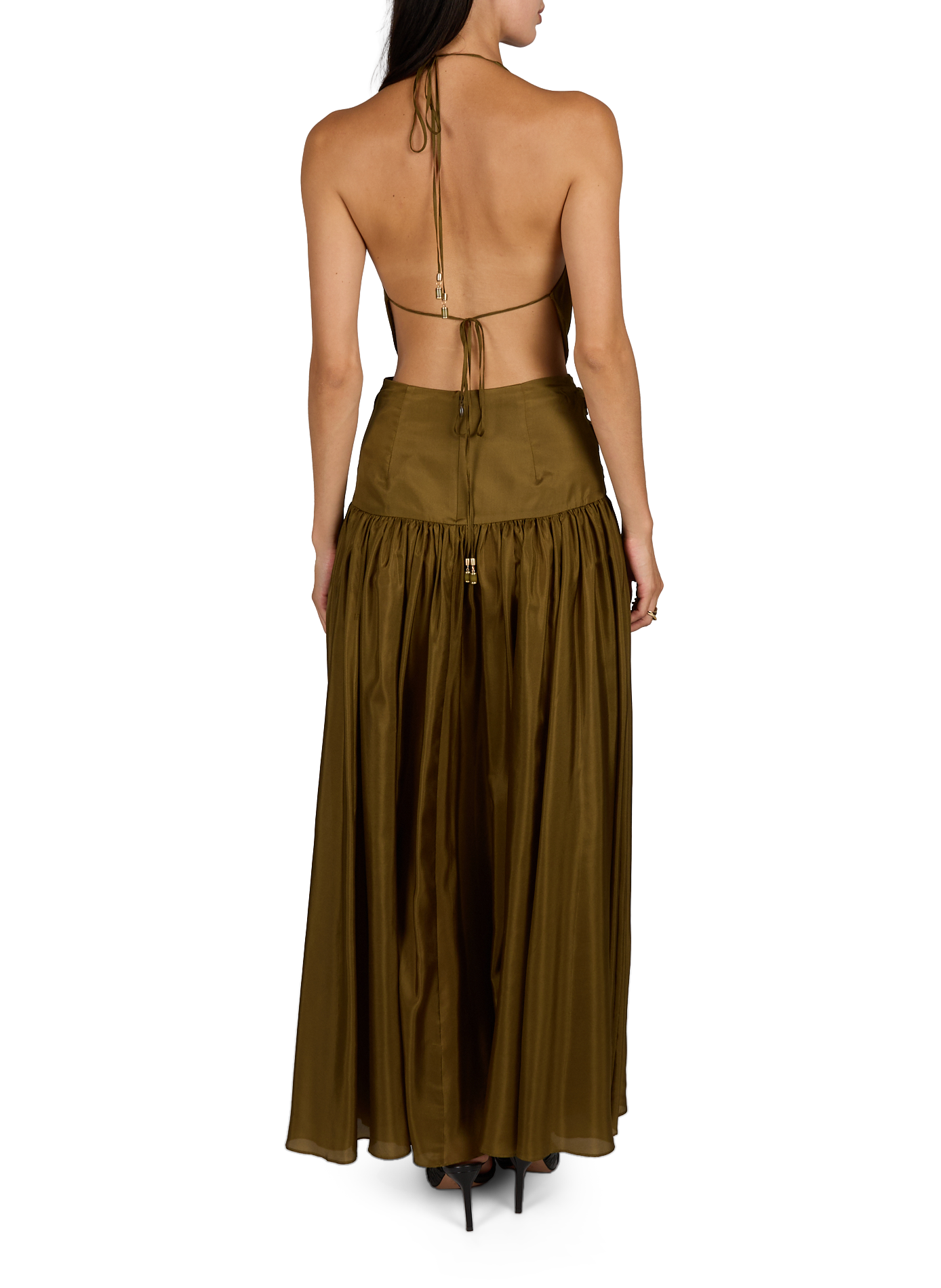 Robe maxi dos nu à nouer en soie  ZIMMERMANN Kaki