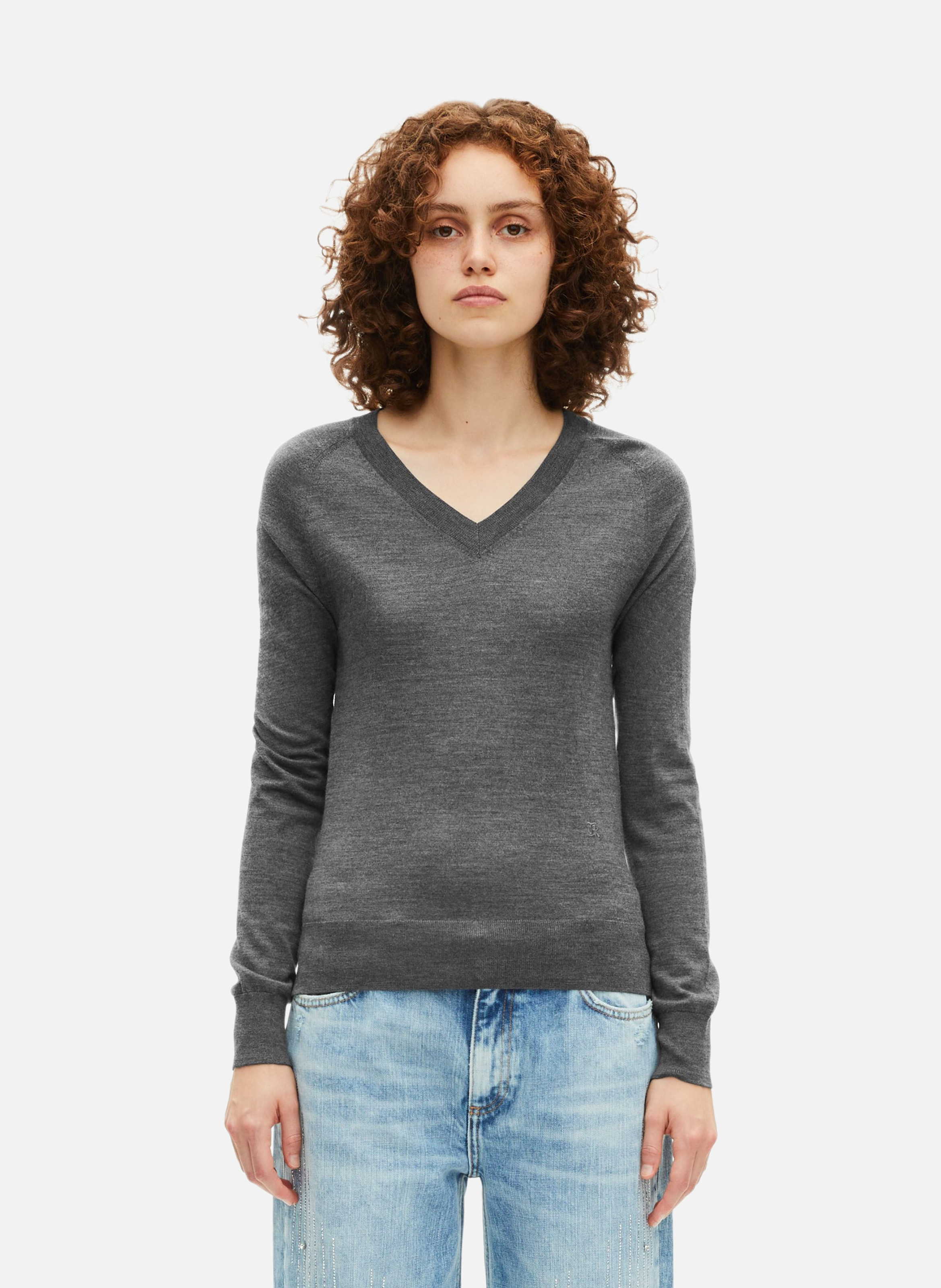 Pull col v en laine mérinos Gris The kooples Femme