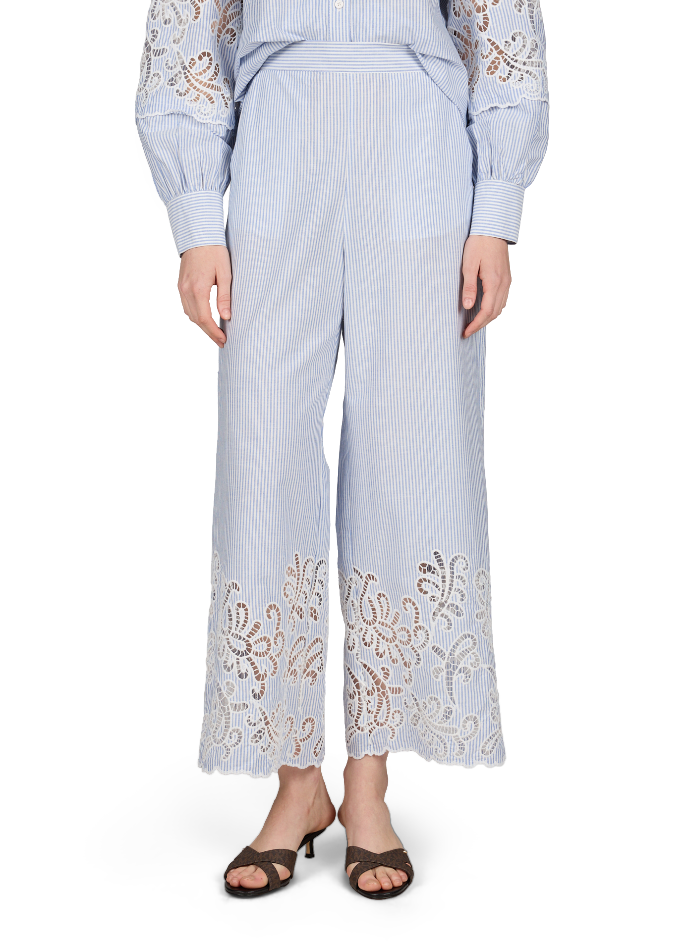 Wide Striped Joss Embroidered Cotton Pants SUNCOO Blue