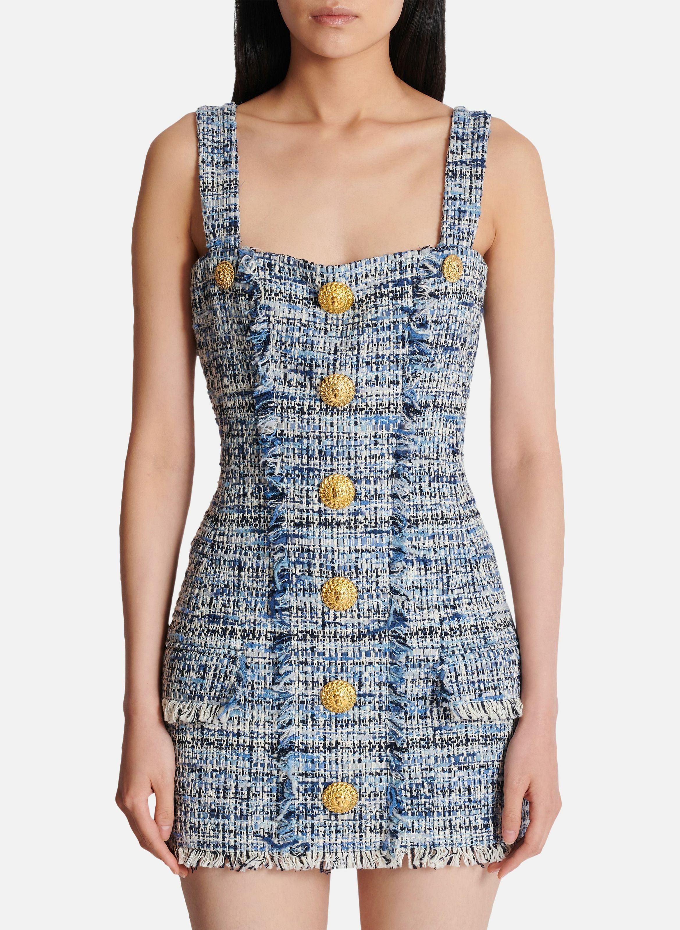 Robe en tweed courte à bretelles BALMAIN Bleu