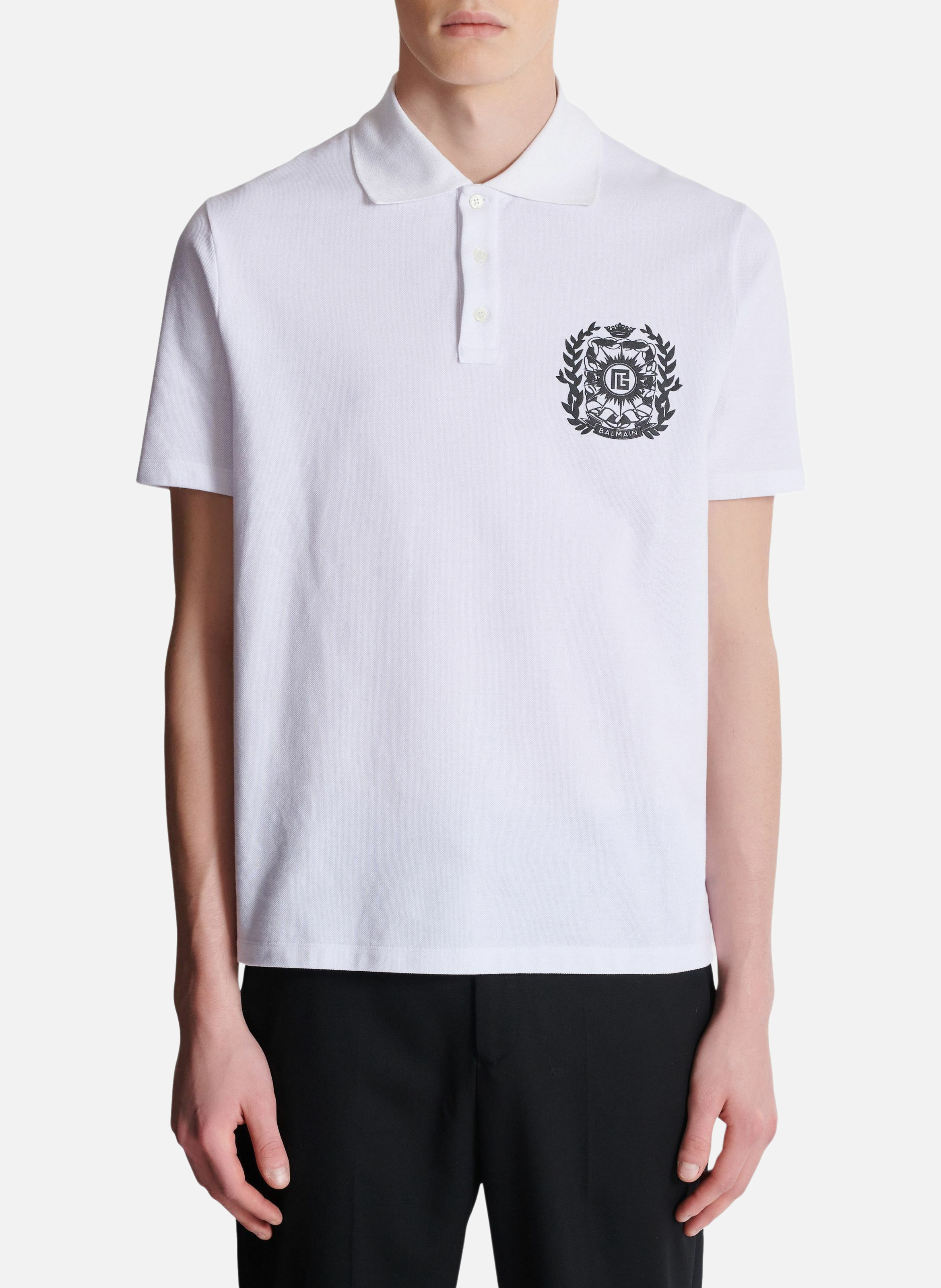 Polo en coton imprimé écusson BALMAIN Blanc