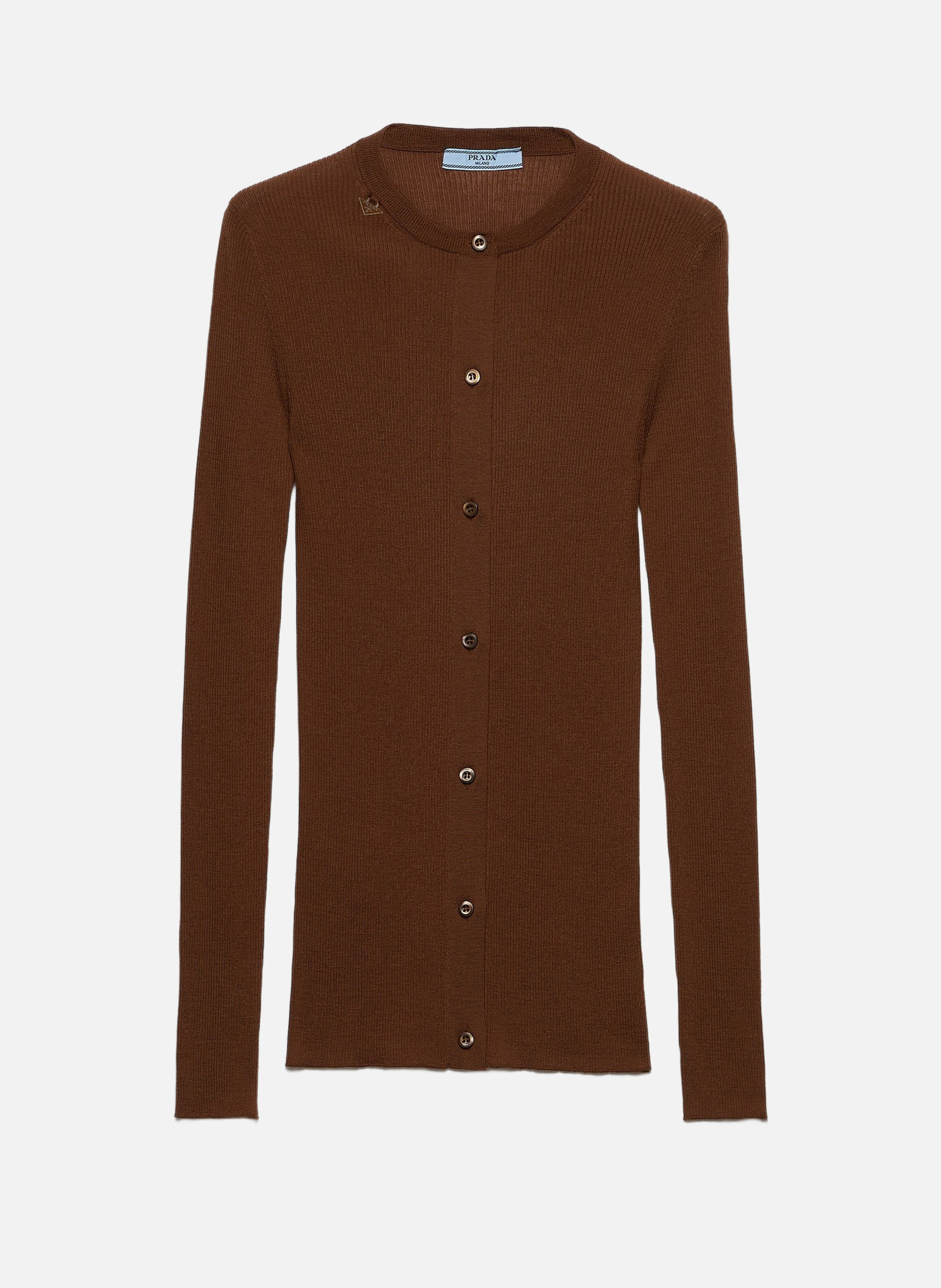 Cardigan en laine en maille côtelée PRADA Marron