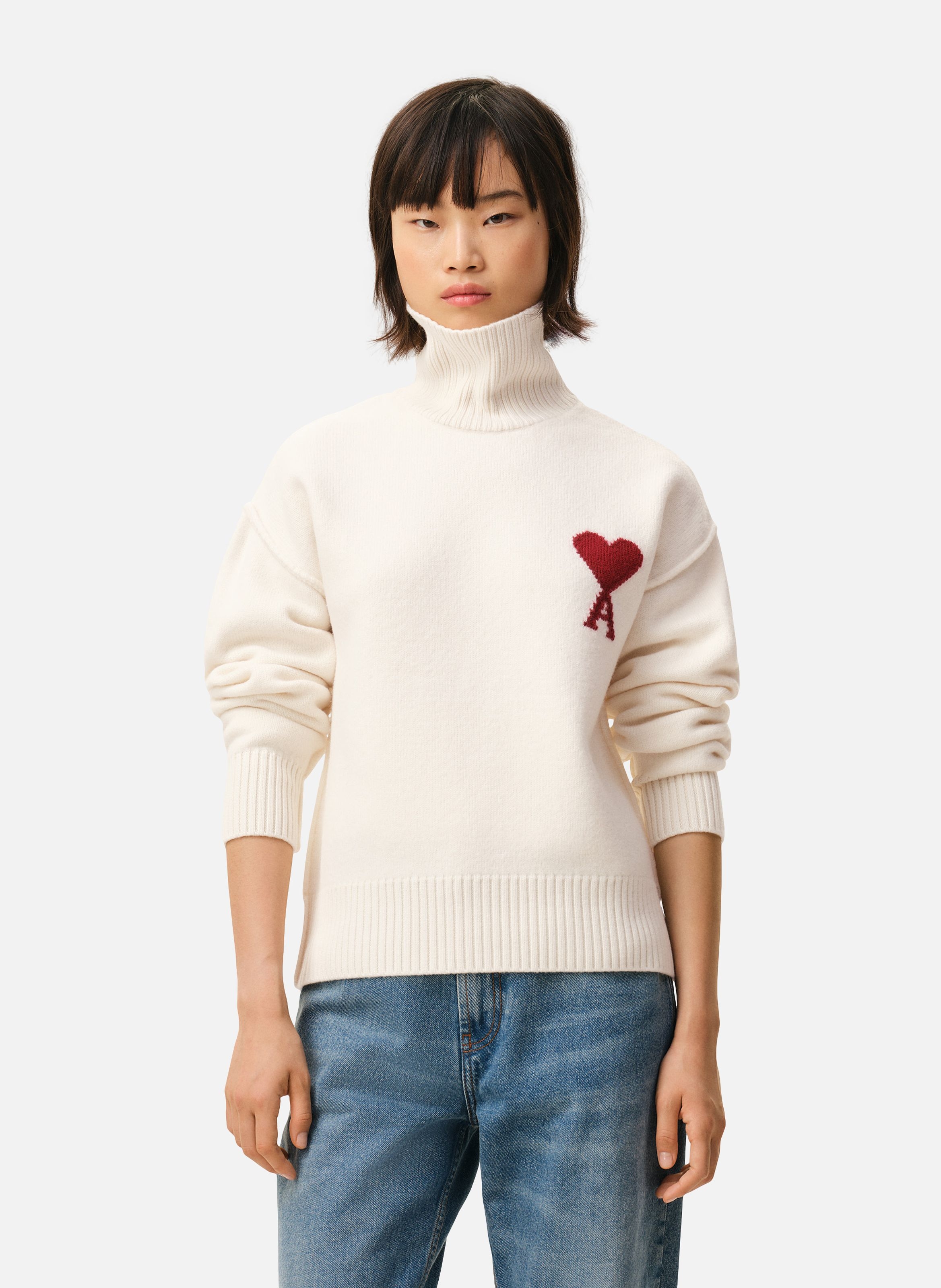 Pull Col Cheminée Ami De Coeur En Laine unisexe AMI PARIS Blanc