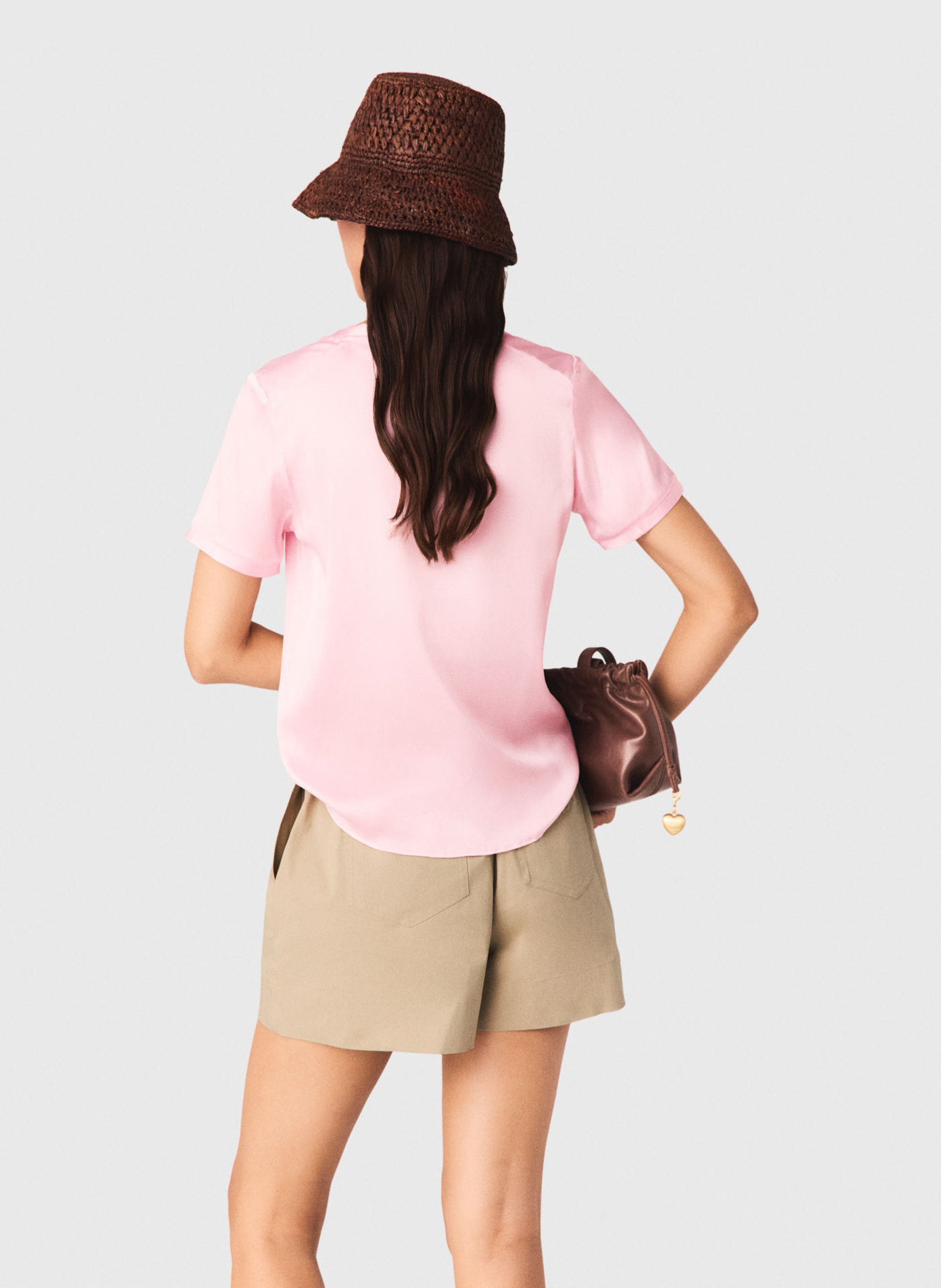 T-shirt droit col rond en soie mélangée MAJE Rose