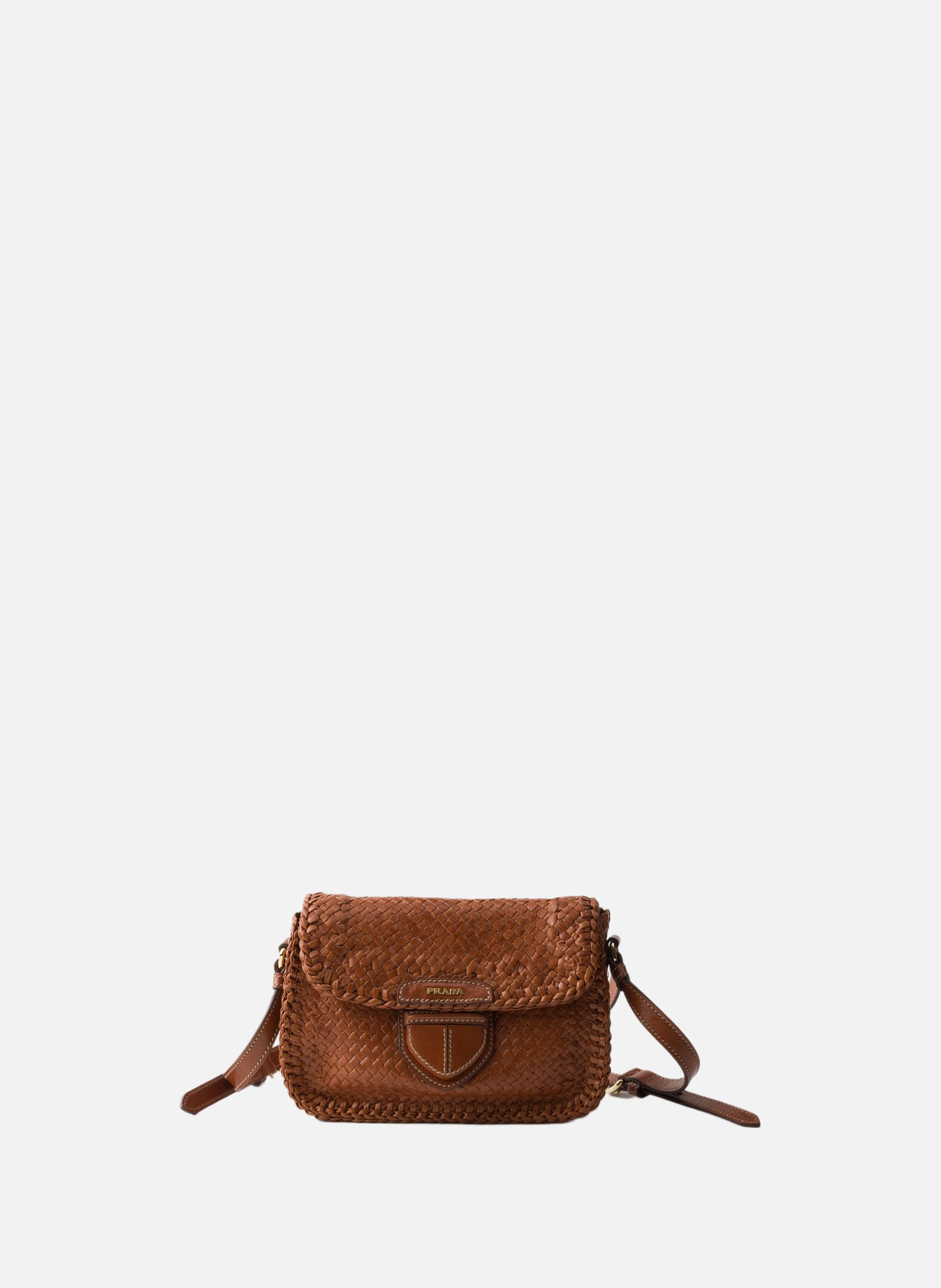 Mini sac à bandoulière en cuir tressé PRADA Marron