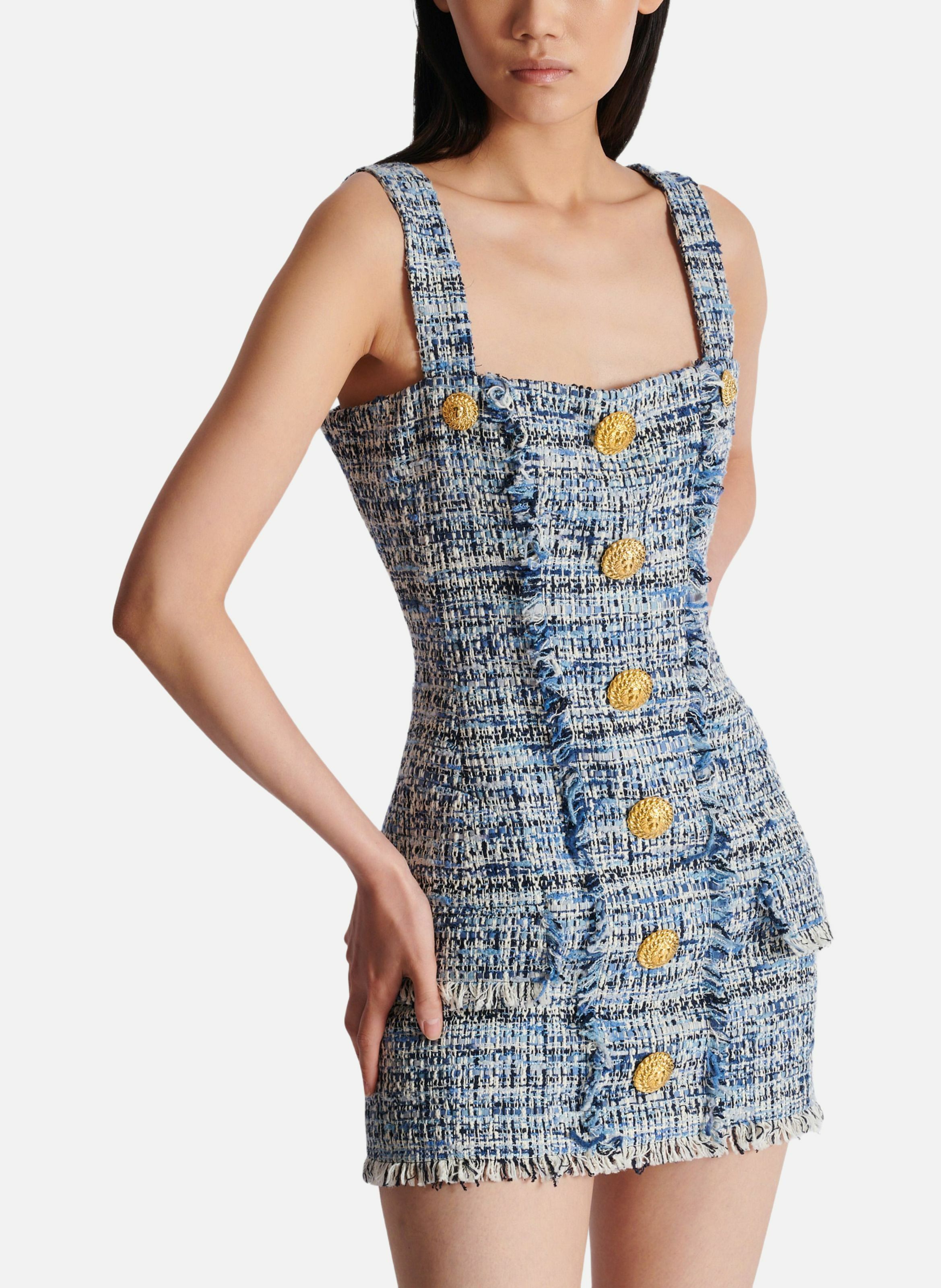 Robe en tweed courte à bretelles BALMAIN Bleu