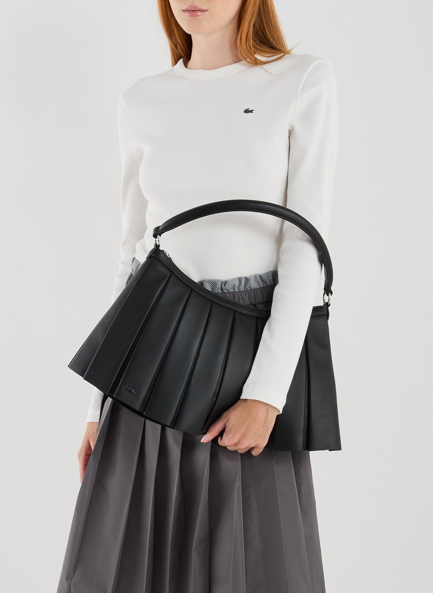 Grand sac Lenglen porté épaule plissé en cuir LACOSTE Noir