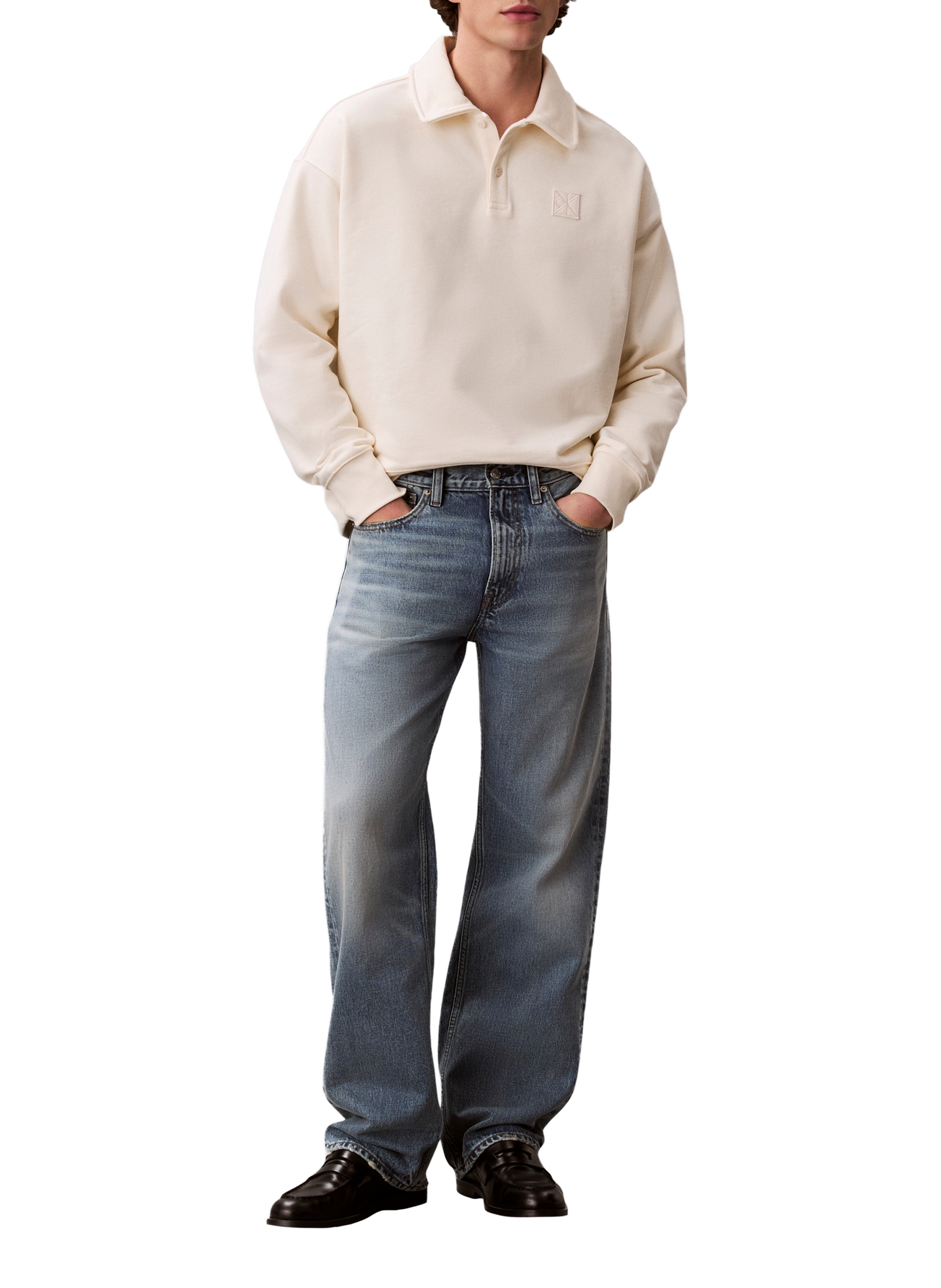 Sweat col polo manches longues en coton CALVIN KLEIN Blanc