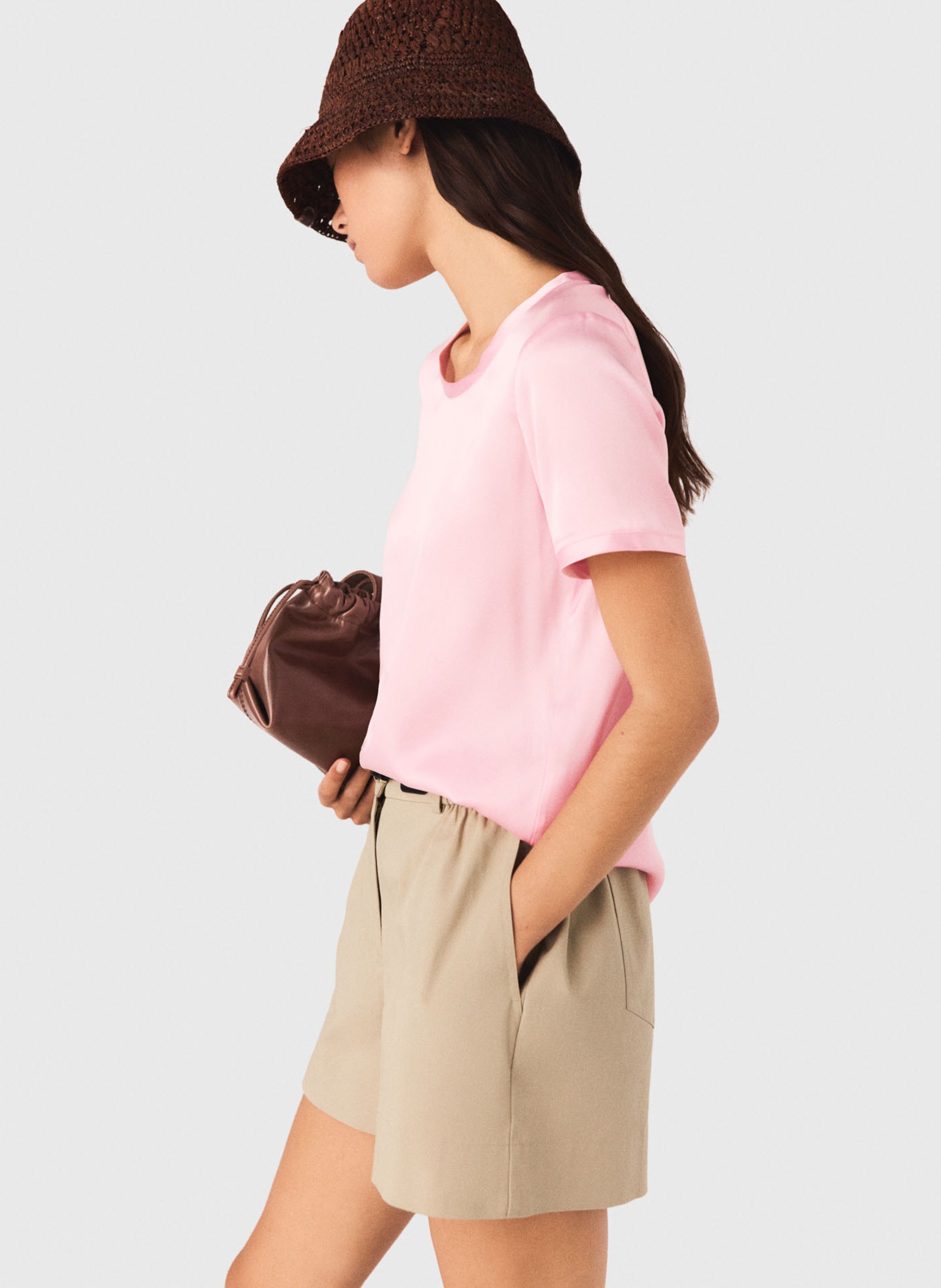 T-shirt droit col rond en soie mélangée MAJE Rose