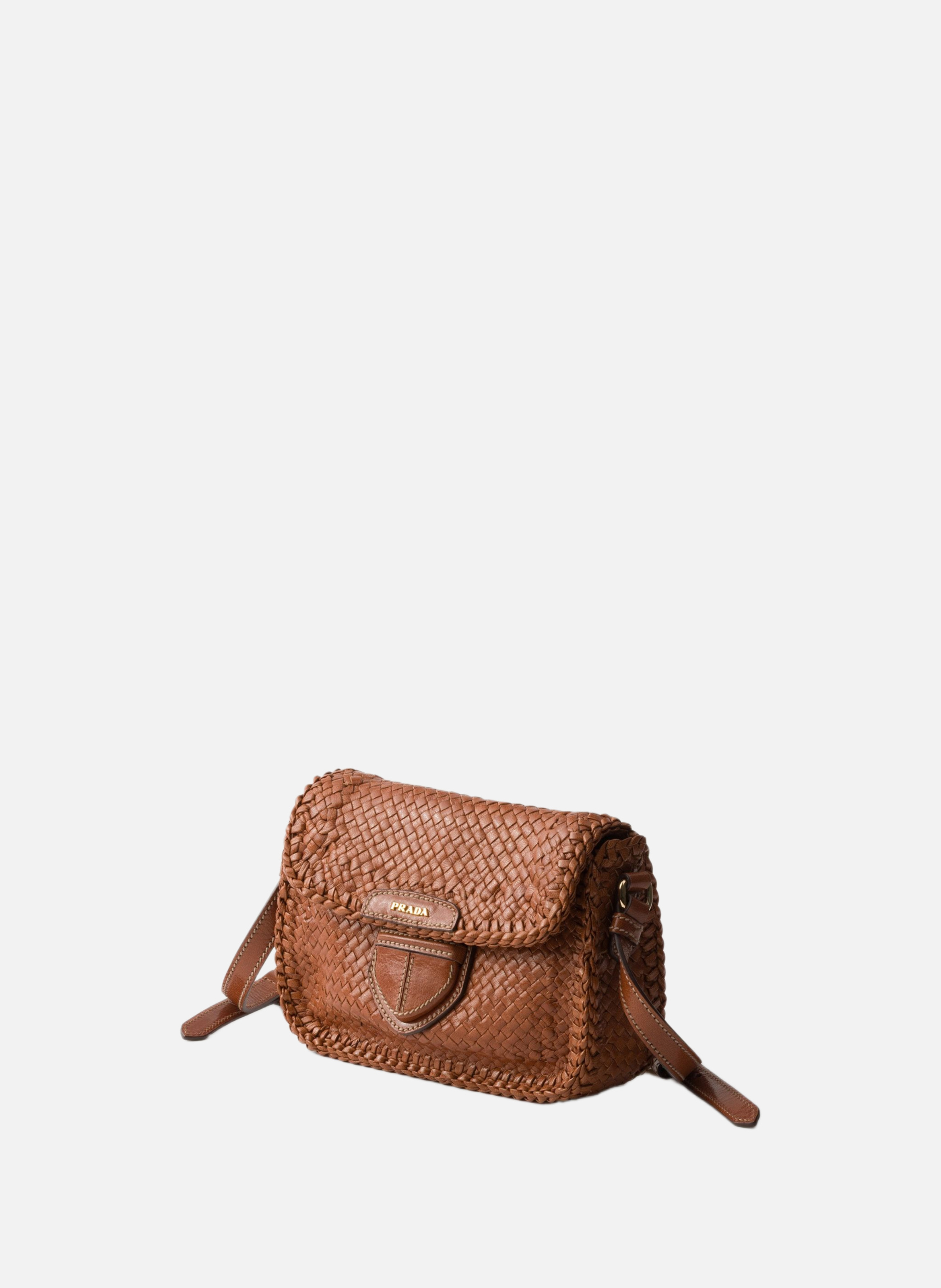 Mini sac à bandoulière en cuir tressé PRADA Marron