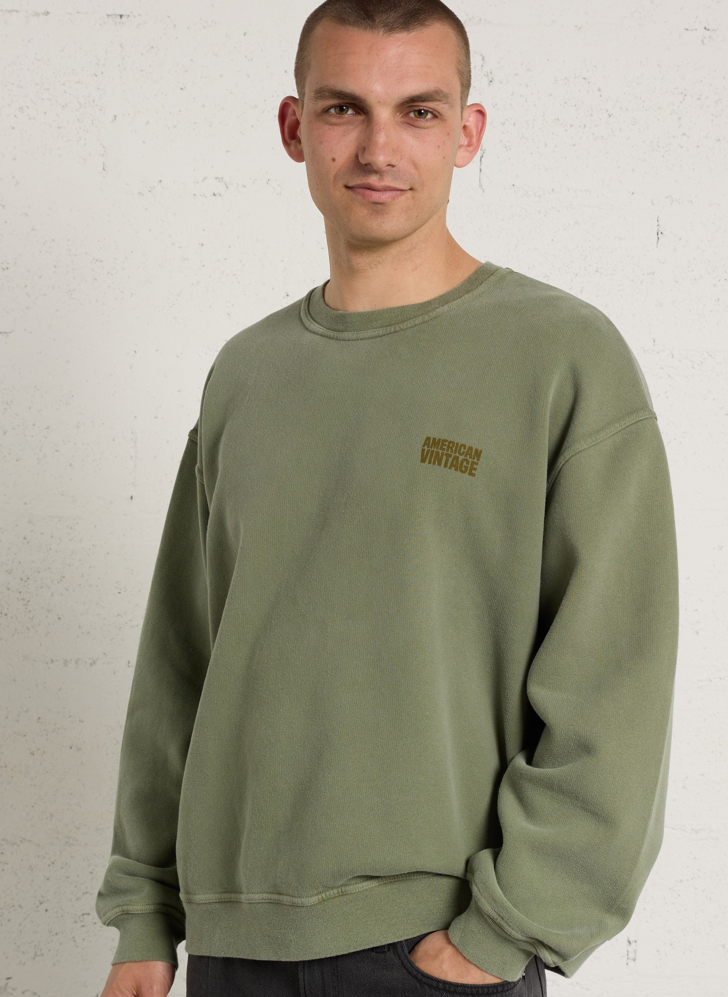 Sweat ample col rond sérigraphié en coton plizzy AMERICAN VINTAGE Vert