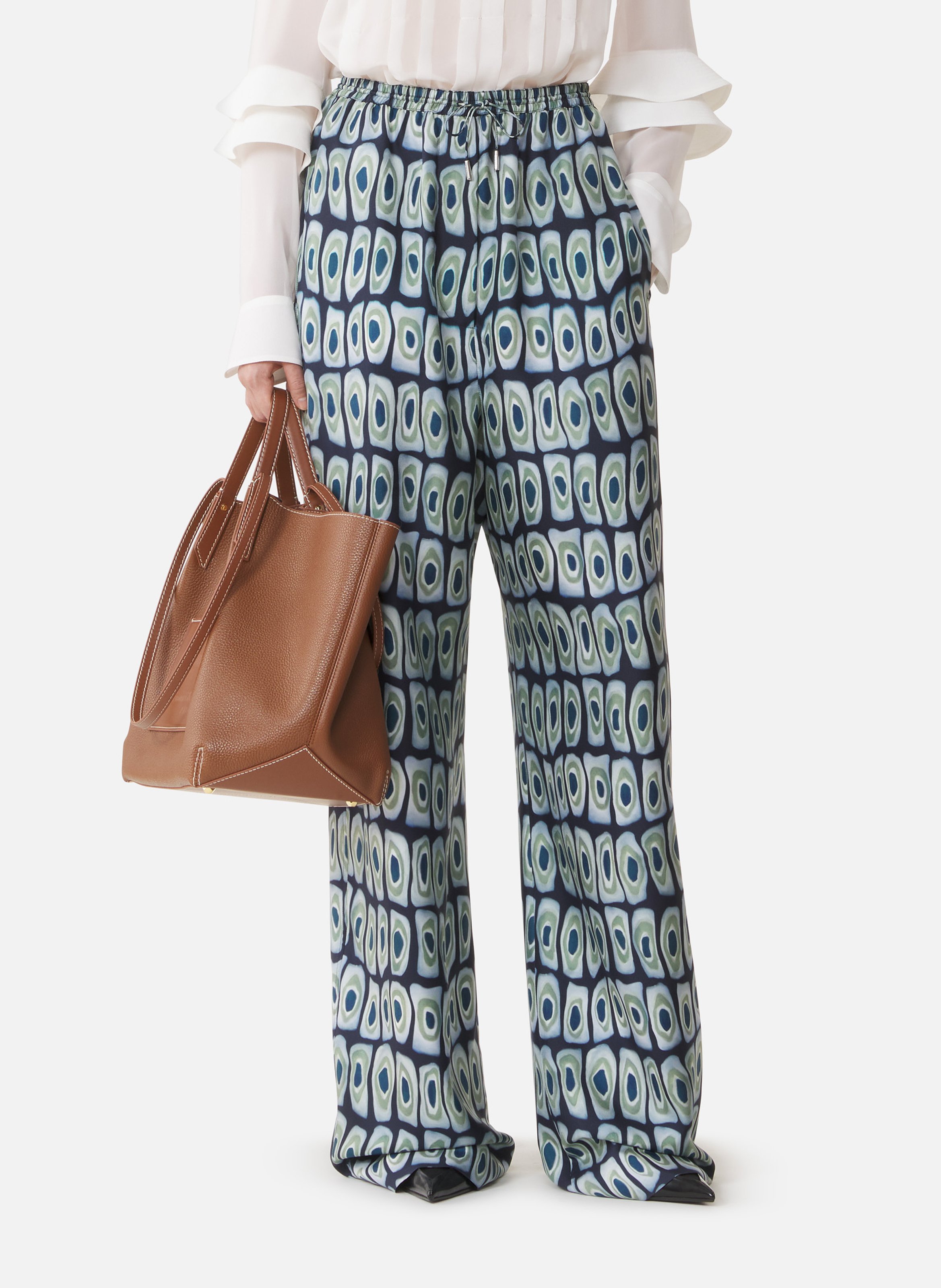 Pantalon large en soie imprimée LANVIN Vert