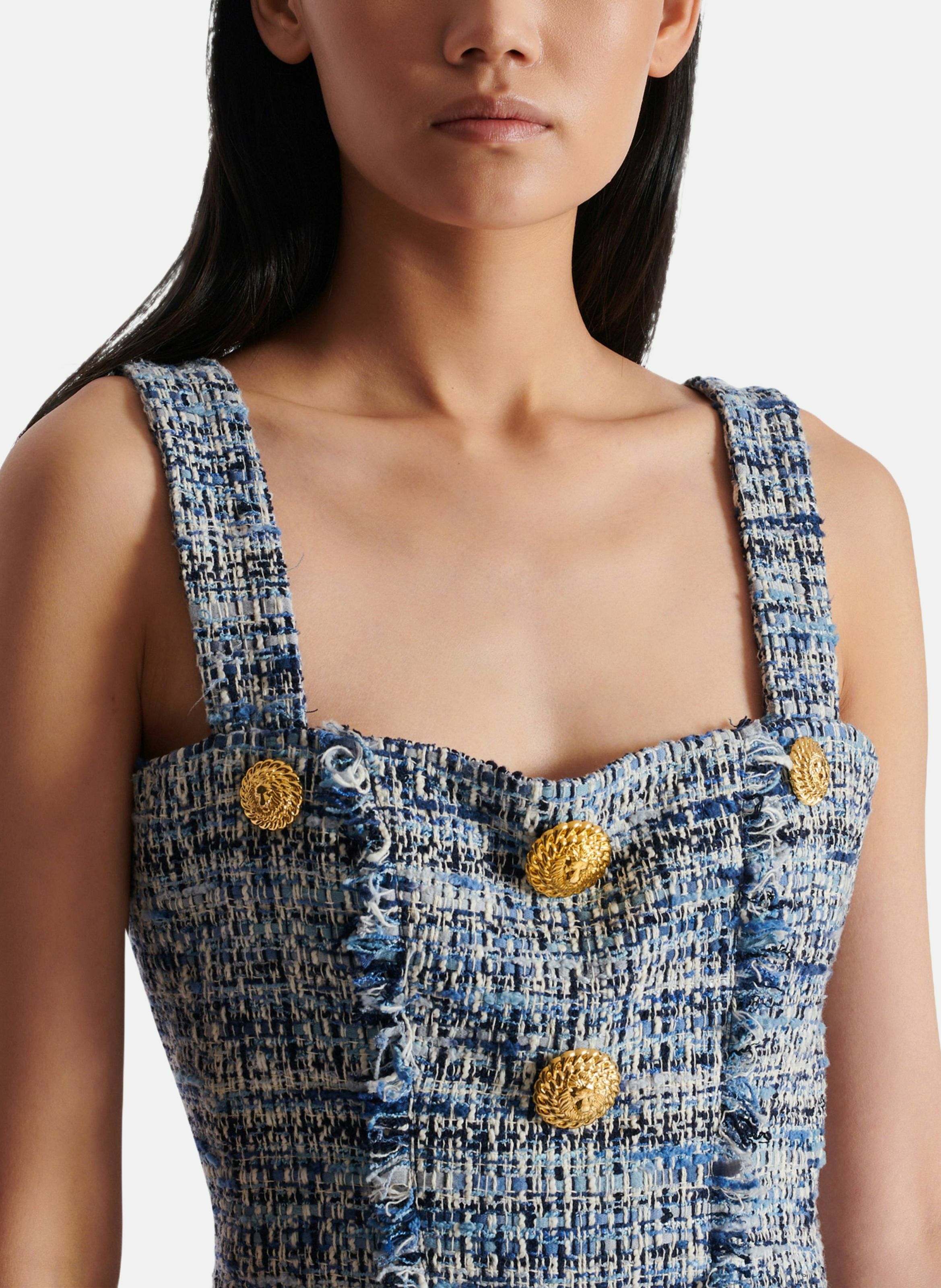 Robe en tweed courte à bretelles BALMAIN Bleu