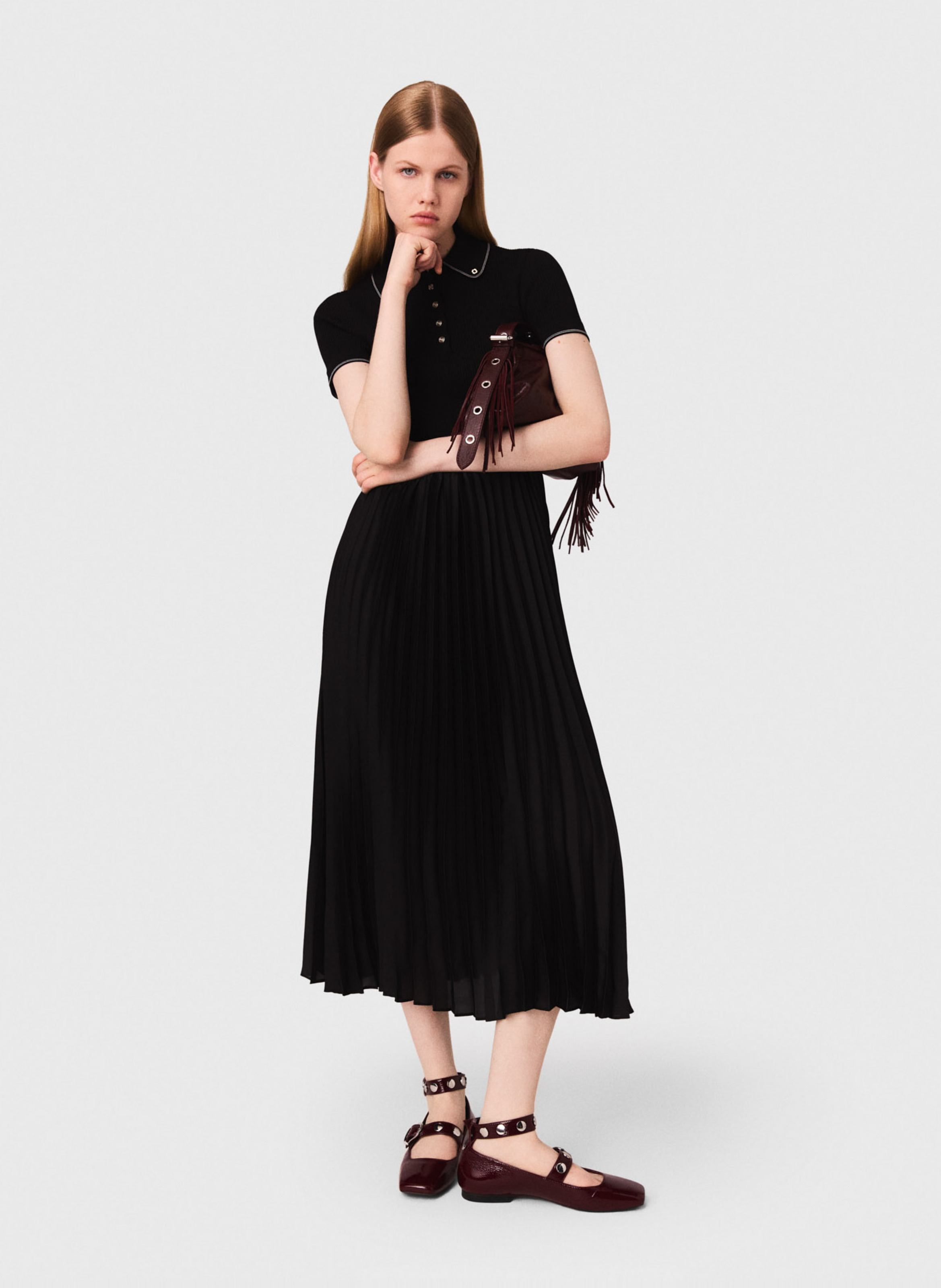 MAJE Robe longue col polo Noir