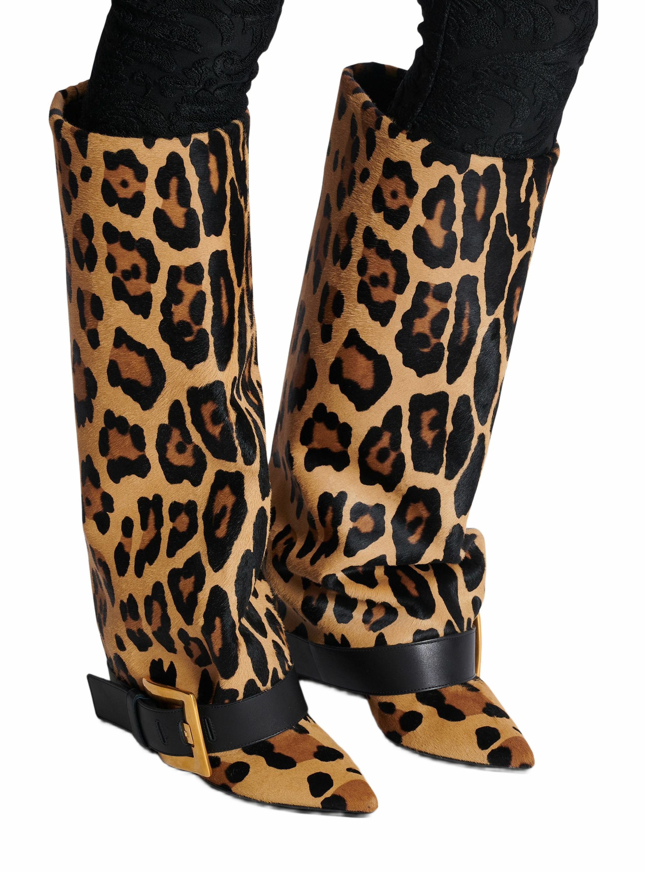 Bottes anthem en cuir imprimé motif léopard BALMAIN Marron