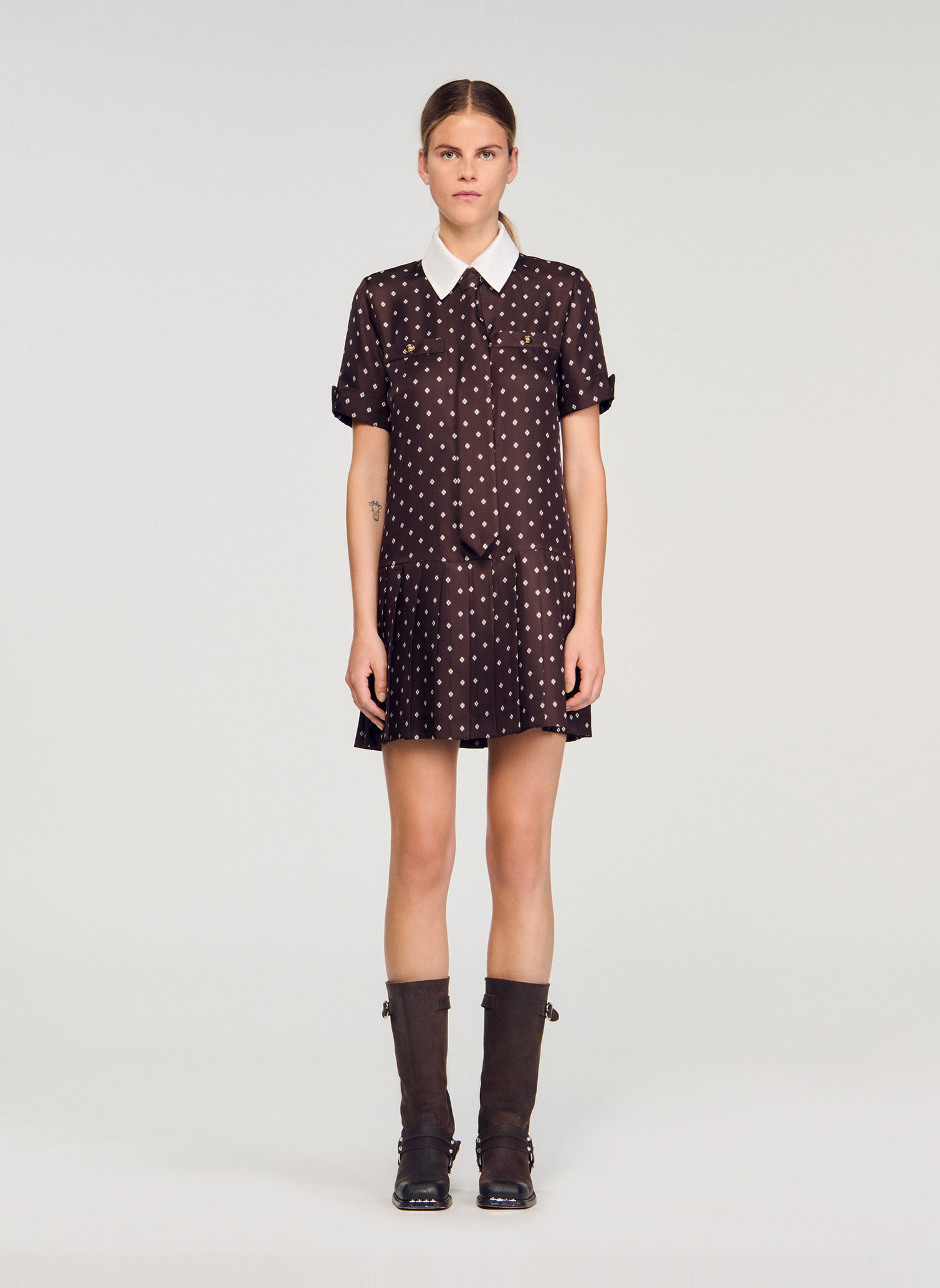 Robe courte col classique imprimée SANDRO Marron