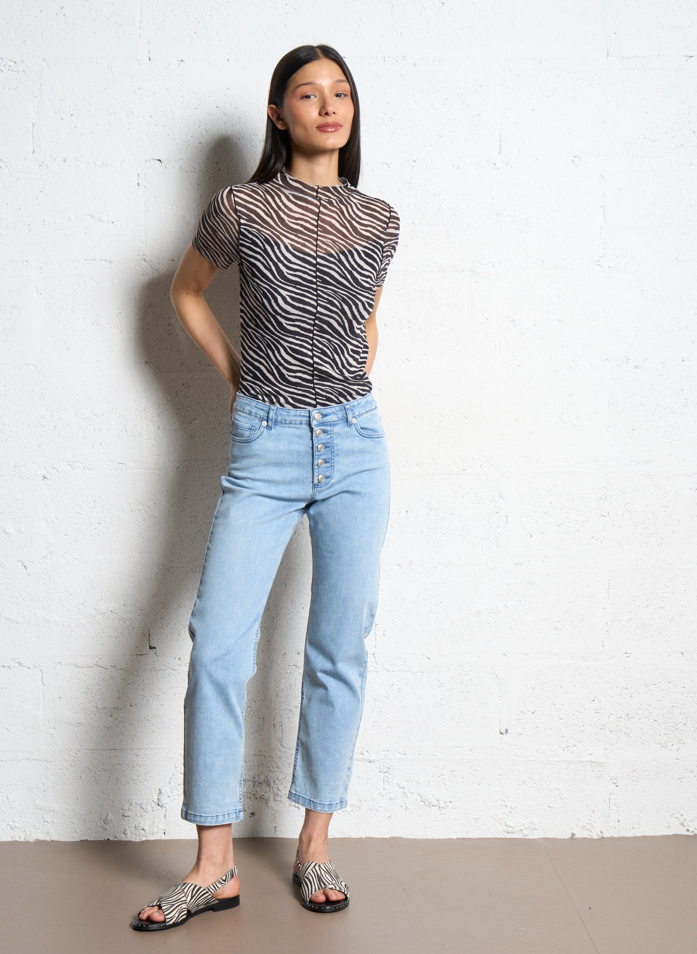 Jean droit cropped à braguette boutonnée janis IKKS Bleu