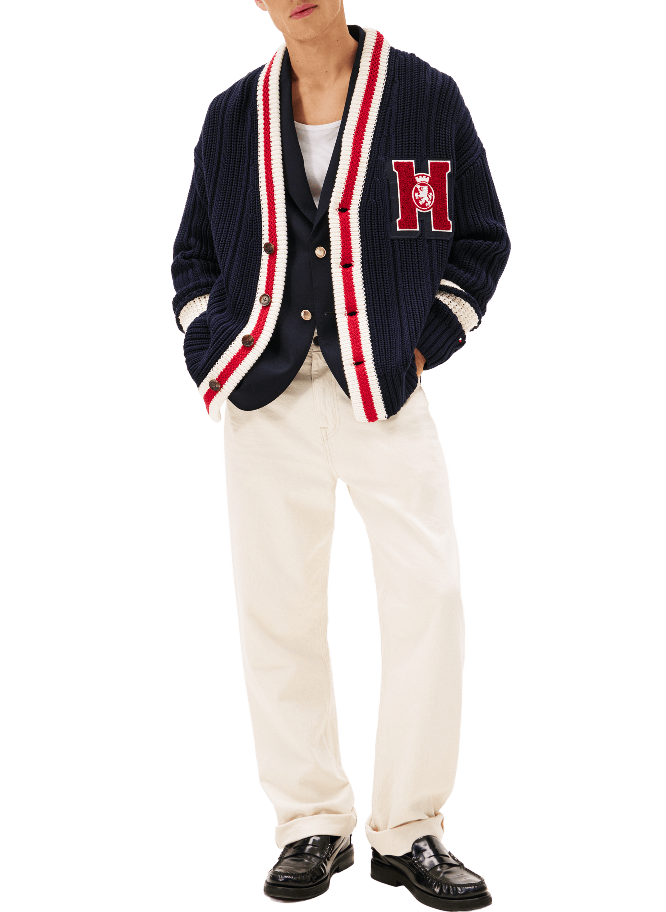 College-style ribbed chunky knit cotton cardigan TOMMY HILFIGER Blue