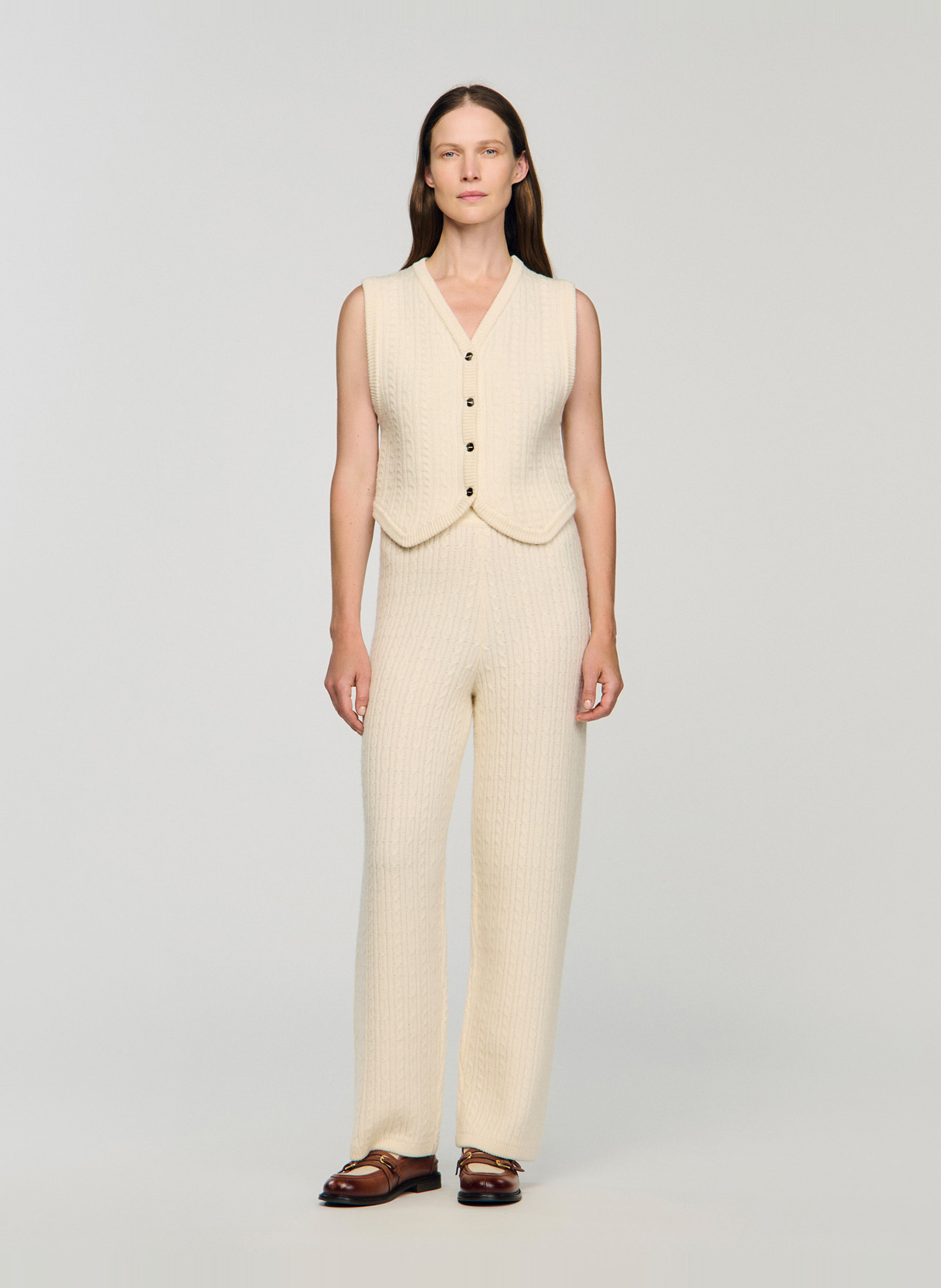 Pantalon droit tressée en laine SANDRO Beige