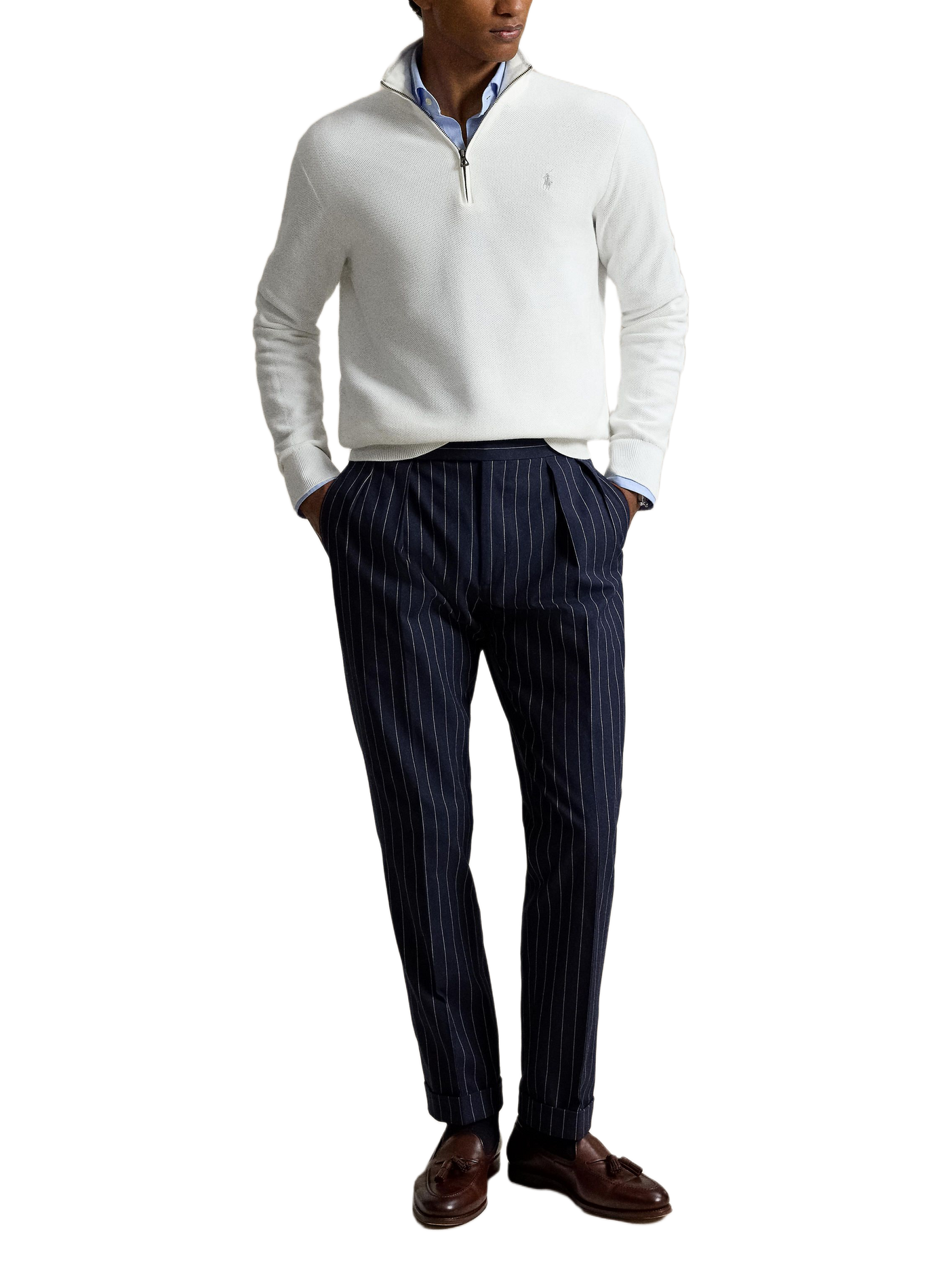 Cotton textured knit zip-up sweater. POLO RALPH LAUREN White