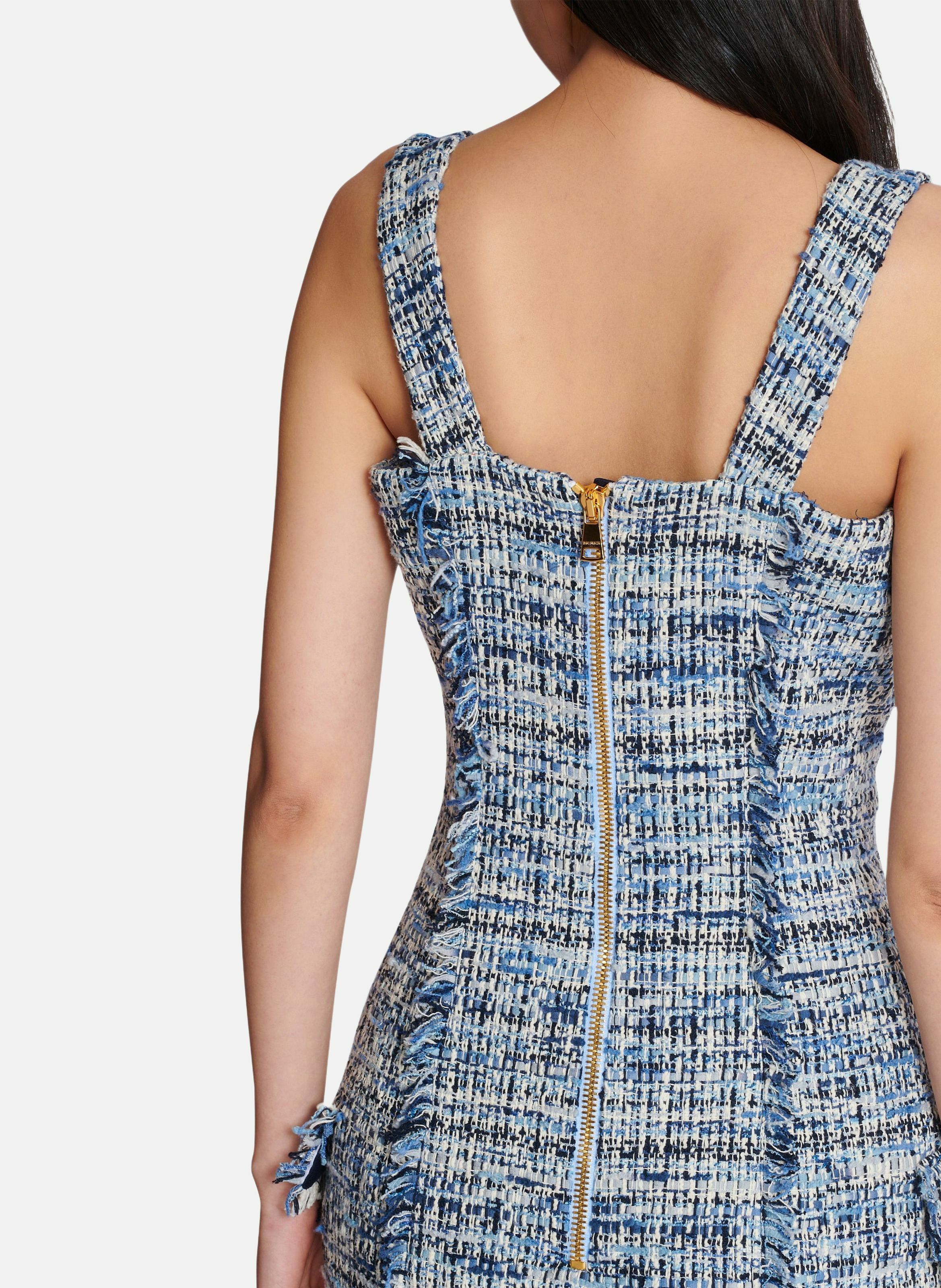 Robe en tweed courte à bretelles BALMAIN Bleu