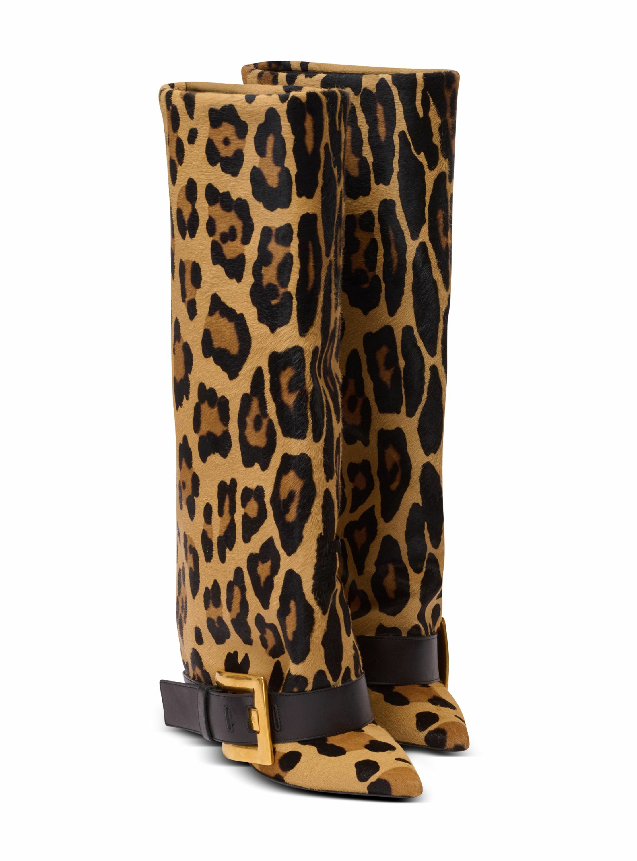 Bottes anthem en cuir imprimé motif léopard BALMAIN Marron