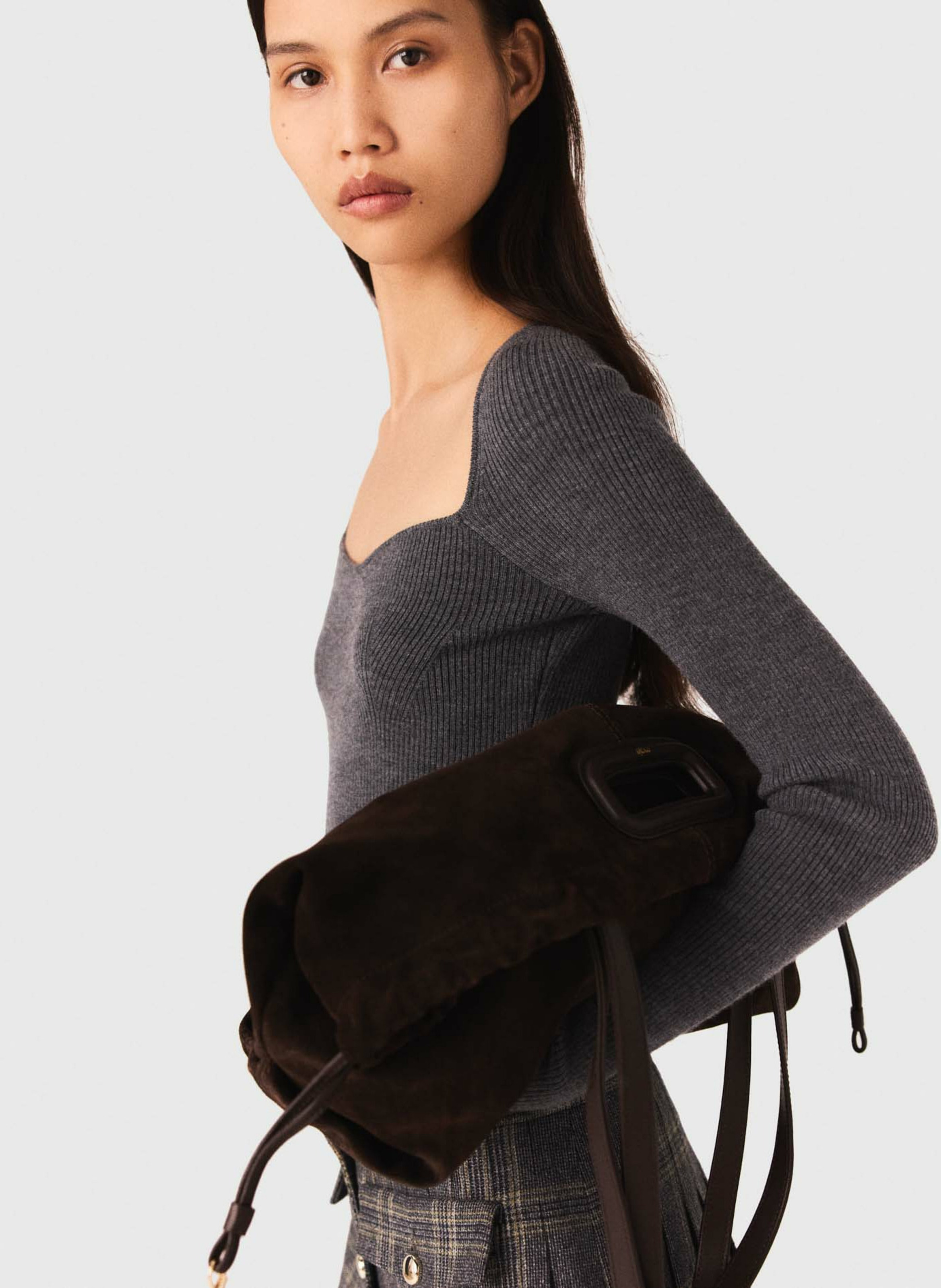 Pull col cœur en laine mélangée Gris