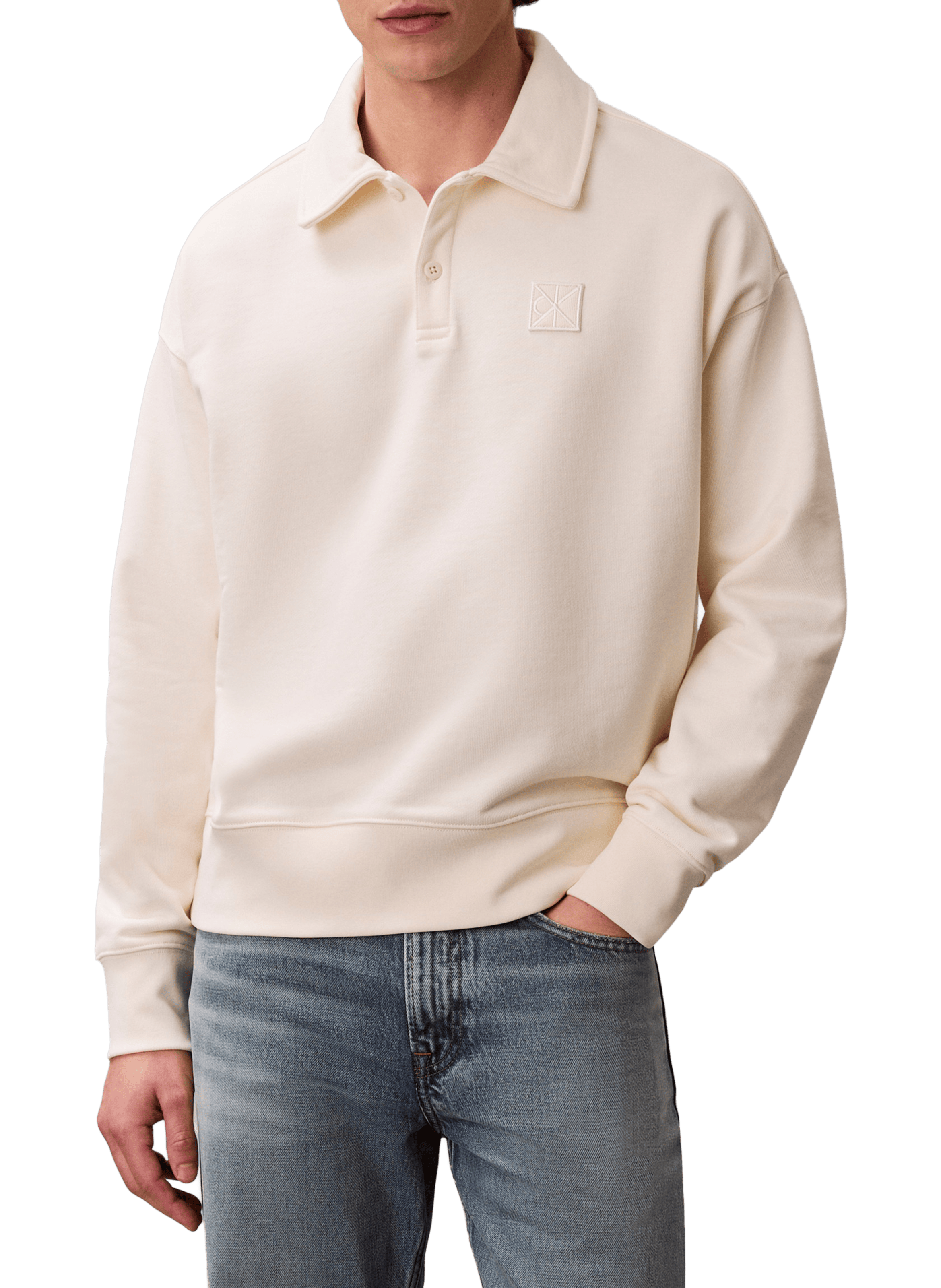 Sweat col polo manches longues en coton CALVIN KLEIN Blanc