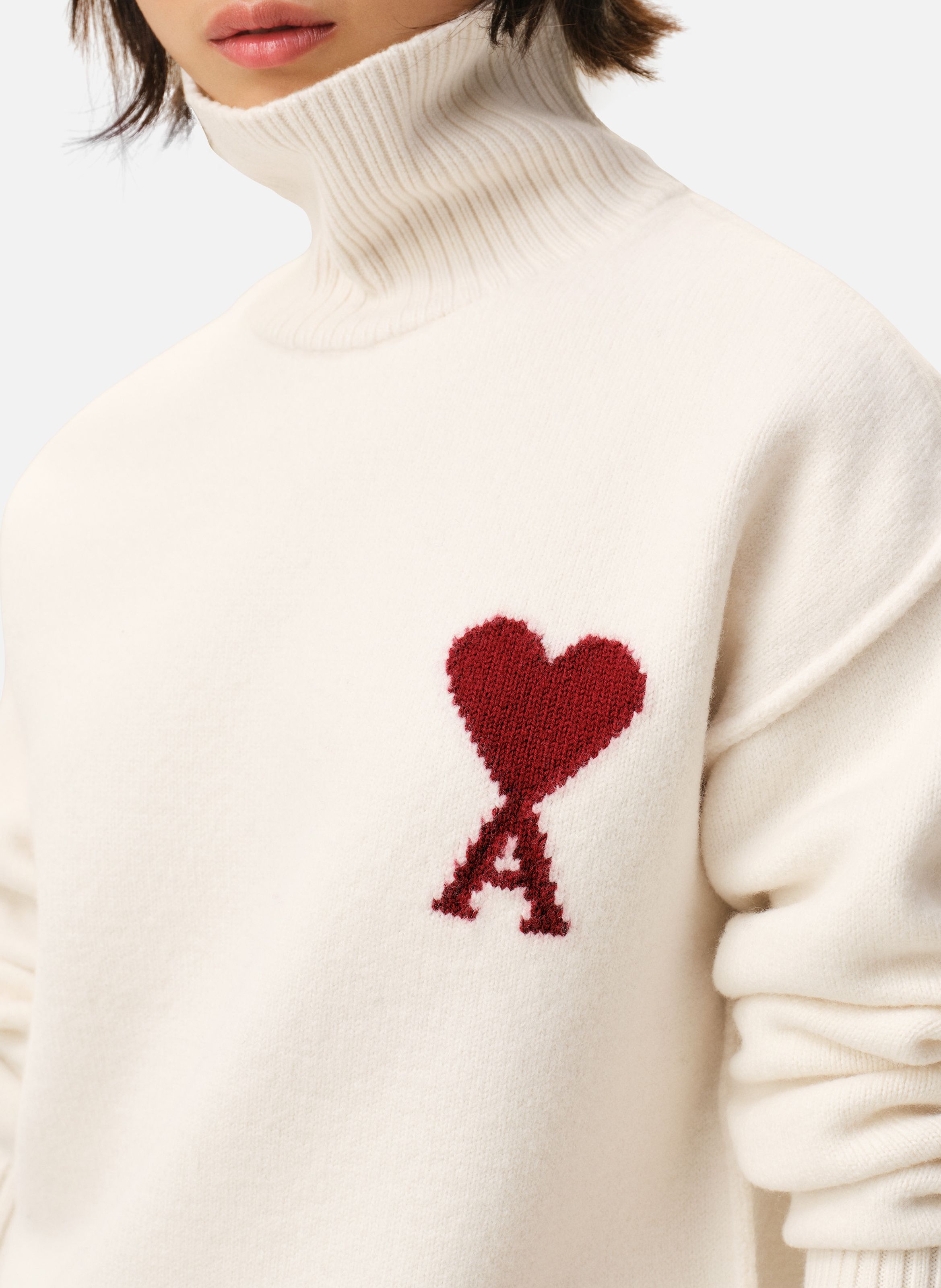 Pull Col Cheminée Ami De Coeur En Laine unisexe AMI PARIS Blanc