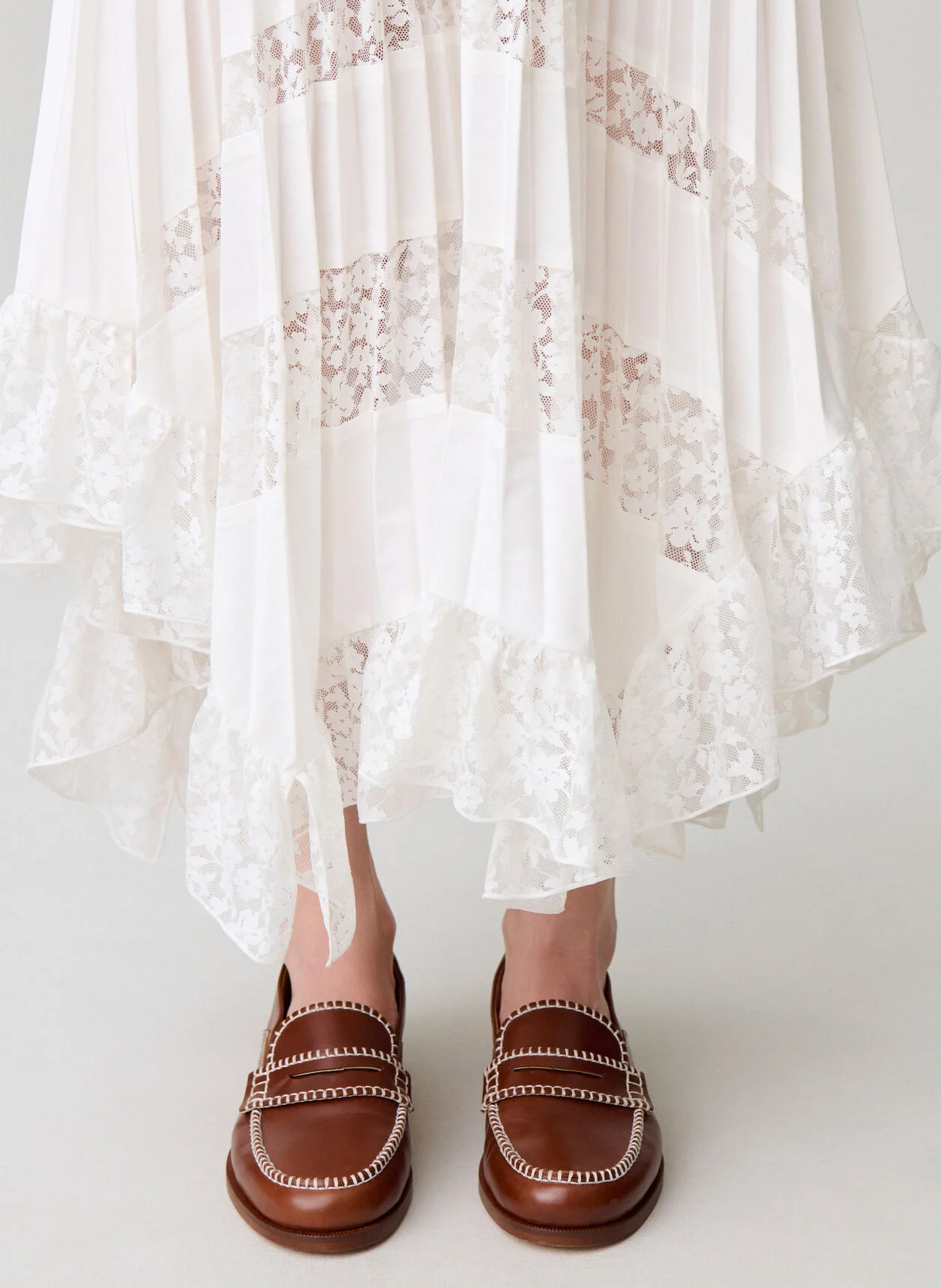 Jupe longue plissée à dentelle CLAUDIE PIERLOT Beige