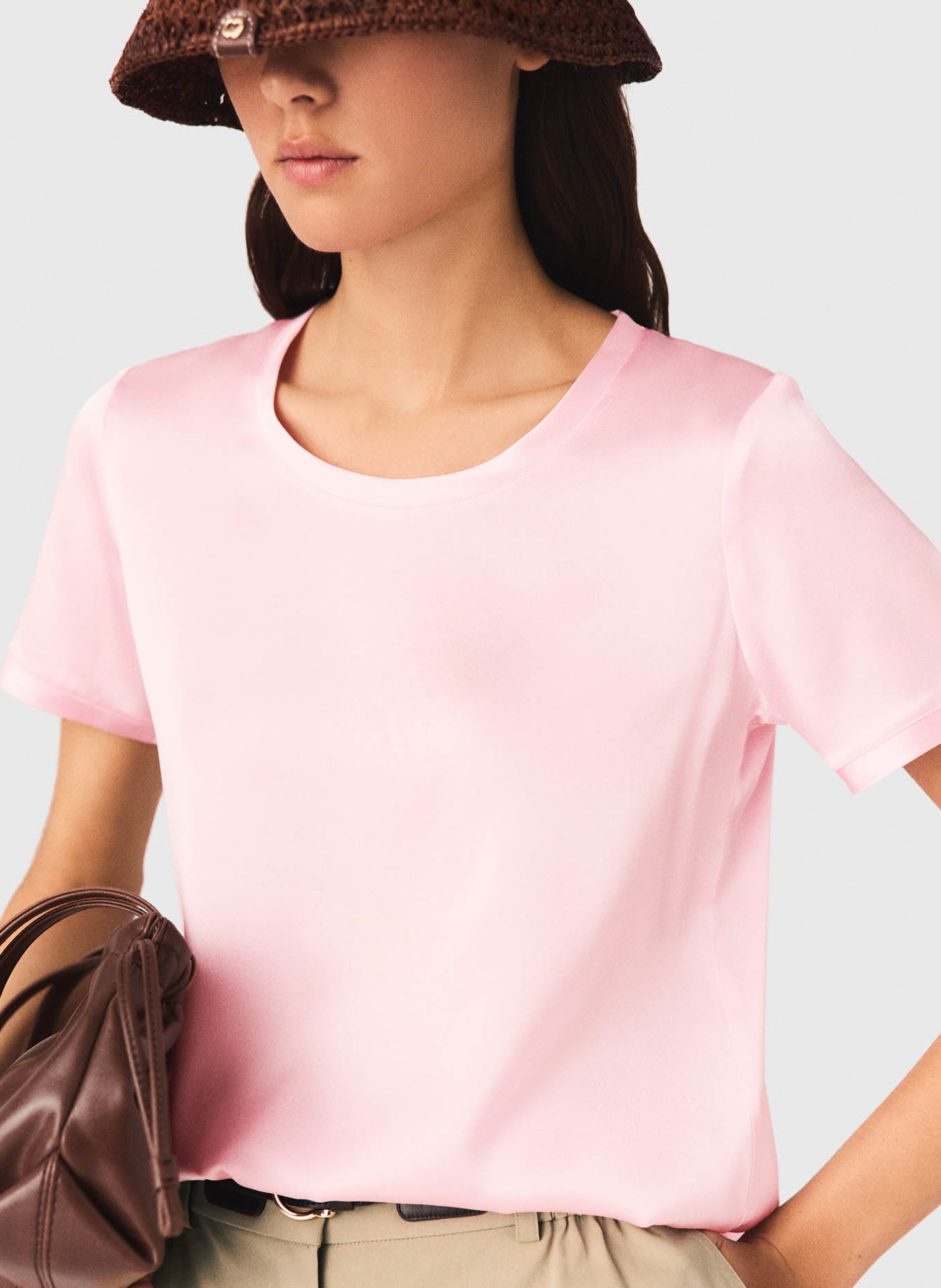 T-shirt droit col rond en soie mélangée MAJE Rose